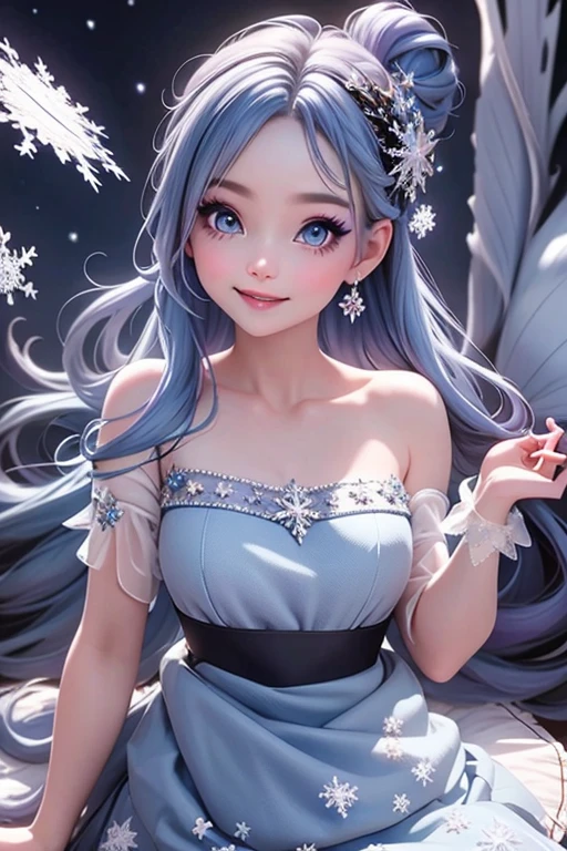 masterpiece, best quality, a fairy smiling, blue hair, (purple) eyes, blue smokey eyes makeup, hair crystal ornaments, snowflake earrings, blue choke, blue petal crop shirt, blue leaf skirt, slouching on a frozen flower, (night sky), magical garden at night, falling snow, magical blue sparks floating around,