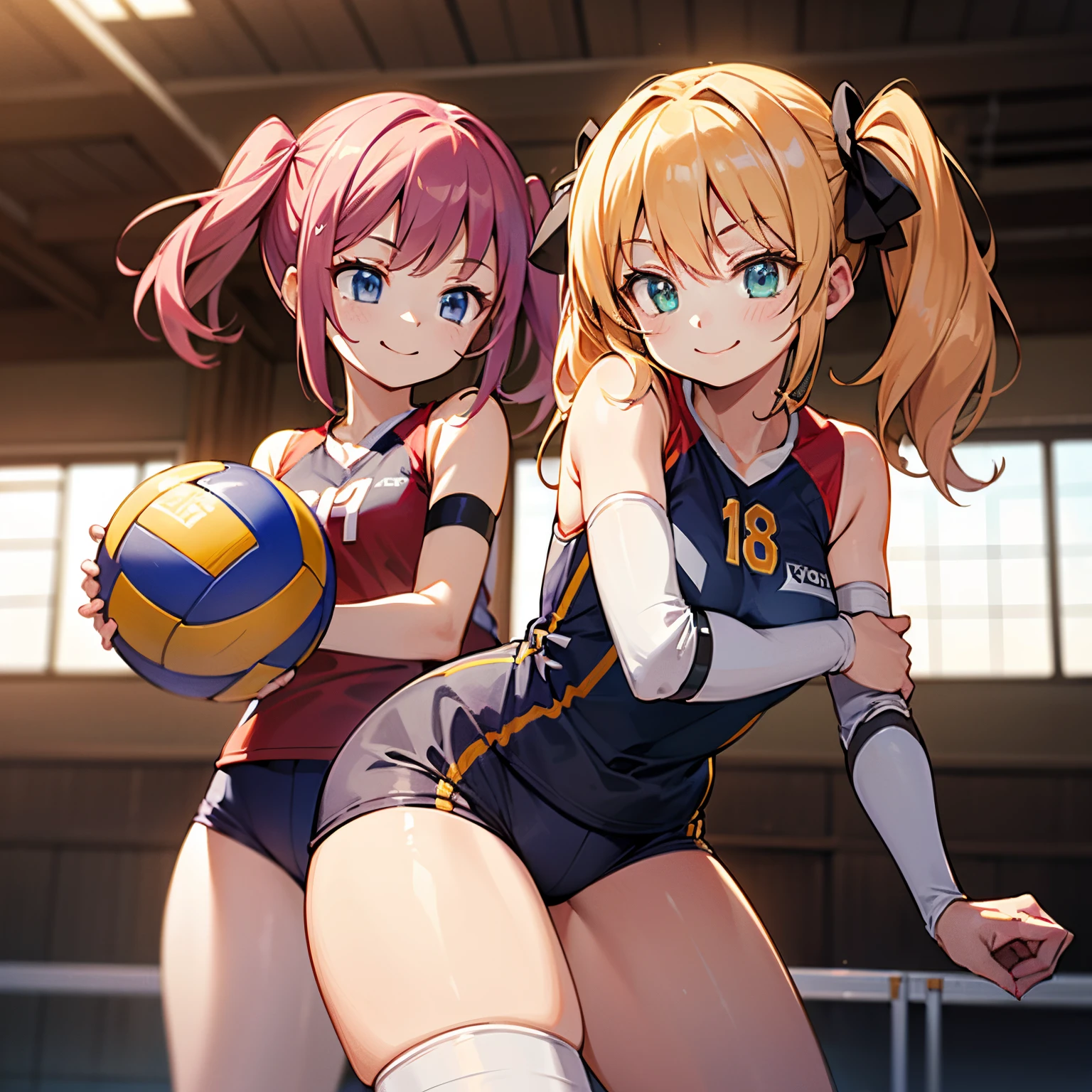 unity 8k wallpaper, anatomically correct, (((masterpiece))), (((best quality))), (((ultra detailed))), (((high-resolution))), ((super fine illustration)), ((Ultimate cutie)), detailed beautiful face, shiny hair, 18 years old, (potbelly), (curvy), medium breasts, ((Thick thighs)), sleeveless volleyball uniform, ((buruma)), ((knee pad)), (elbow pad), ((hold volleyball)), ((hold a 6-inch volleyball)), cowboy shot, in volleyball court, in school gymnasium,
BREAK, 2girls_A_and_B, A girl_have_{{blond twintails}}_{hair bow}_{{happy}}_{smile},
BREAK, B girl_have_{black short hair}_ {hair bow}_{{{smirk}}}