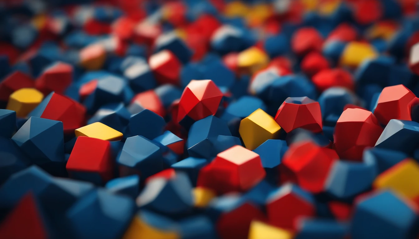 A vibrant, high-resolution wallpaper consisting of bold, geometric shapes in contrasting colors such as vibrant red, deep blue, and bright yellow