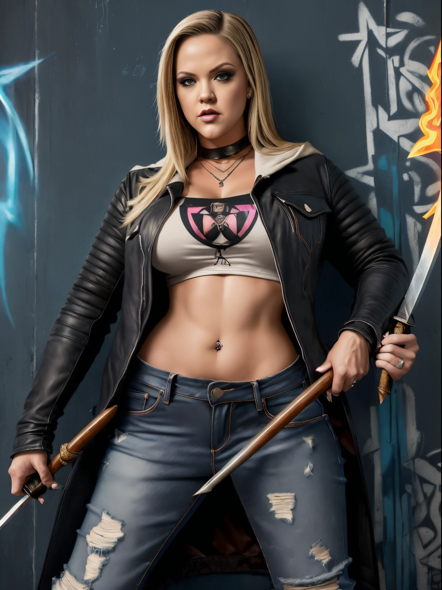 Very aesthetic inkpunk illustration, Alexis Texas, (((wielding a magic spear in his right hand))), sentada em uma cadeira simples, corpo inteiro, separated-lips, ,(((jaqueta de couro preta com rebites))) , ripped jeans, camiseta branca, , fundo da parede com graffiti, Arte por Mschiffer
