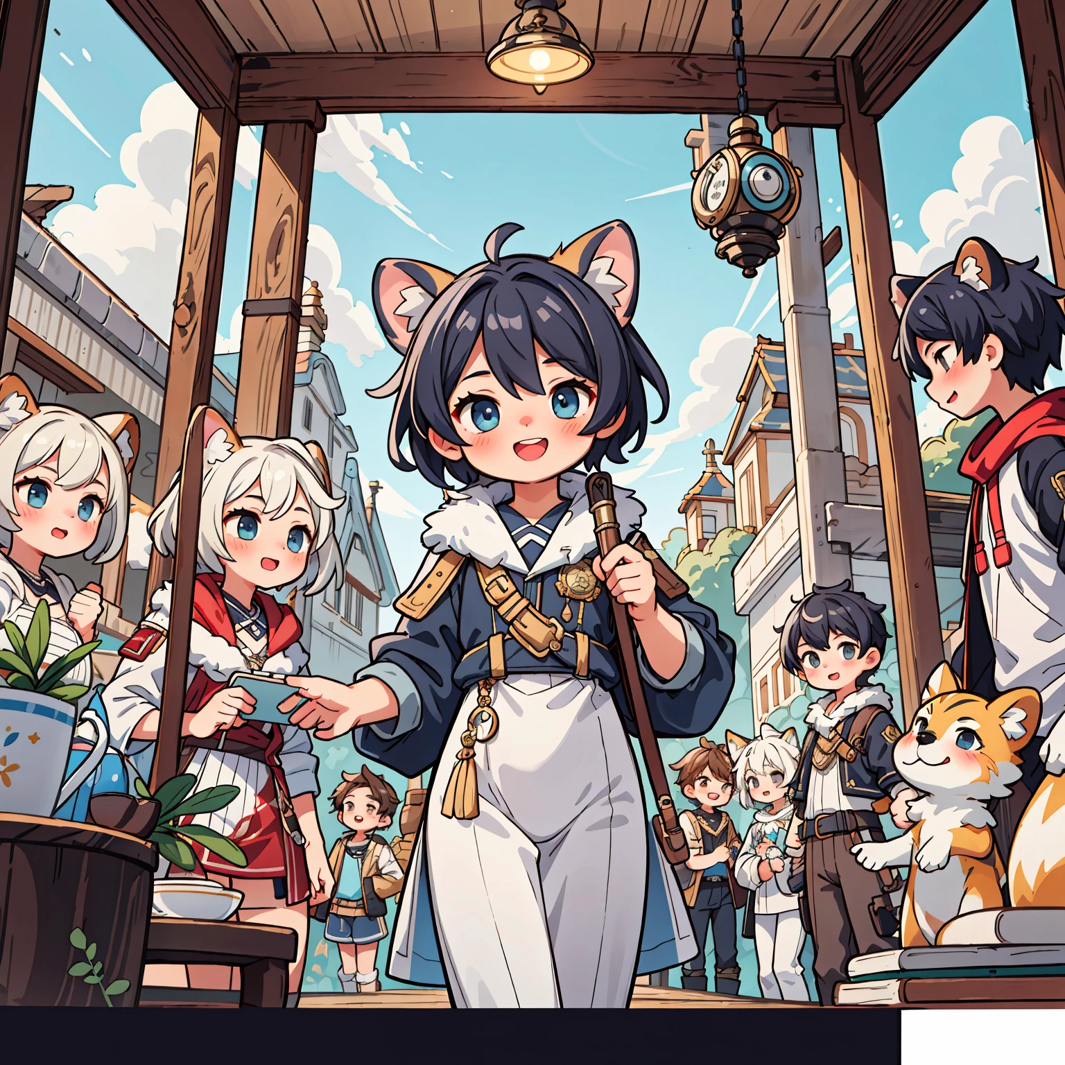 cover_page, highres, top quality, best quality, paid reward available, High-quality illustrations, unparalleled masterpiece, perfect artwork, absurdres, super high resolution, detailed background, Steam punk, Beautiful World Heritage, 6+boys, 6+girls, Happy, joyful(Photos of solo travelers)(kemono, furry anthro)cinematic lighting, dynamic angle,
