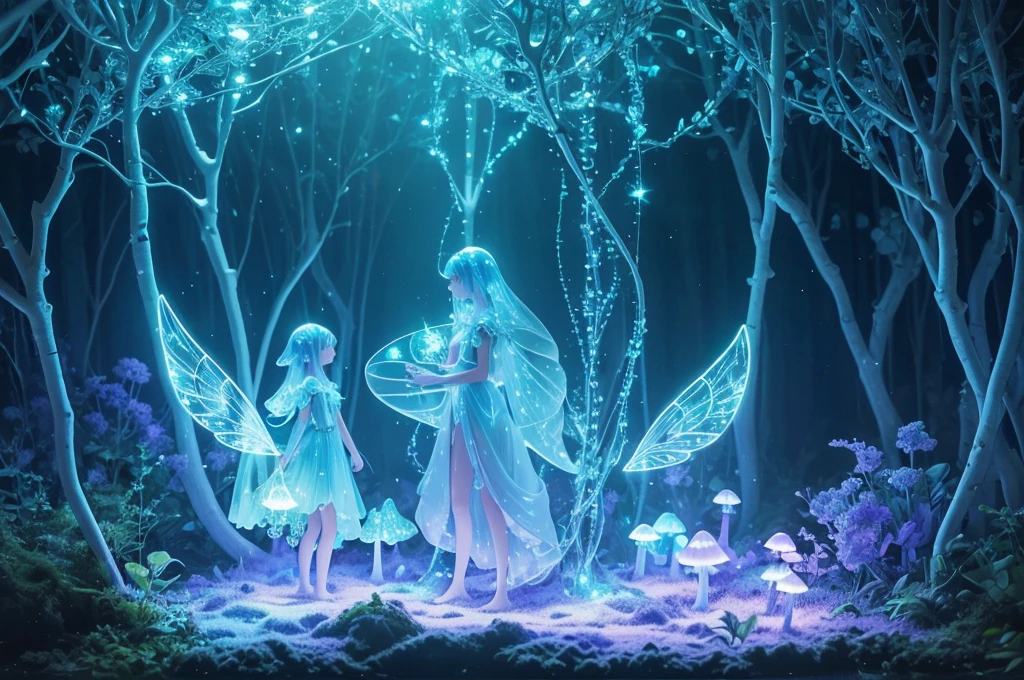 (Best quality at best,A high resolution:1.2),ultra - detailed,actual,Strong light illumination,semi transparent,（Many mini glowing transparent mushrooms,，Have transparent wings，afloat，magical,Light blue glow,Ethereal）,at a forest,Fairytale,evoke calm,Whimsical,in pastel shades