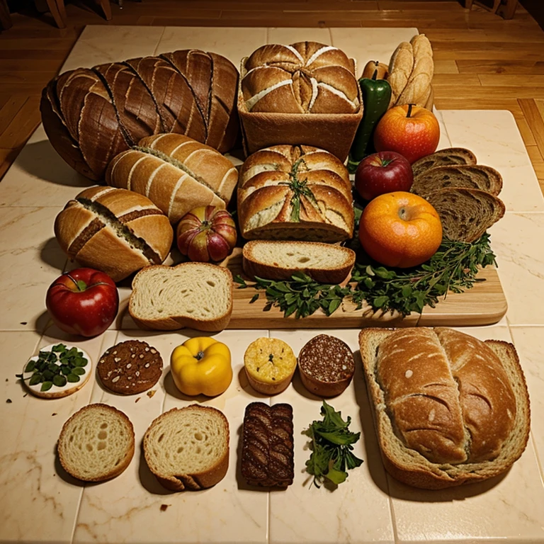 A flatlay of various food items including fruits, vegetables, and bread