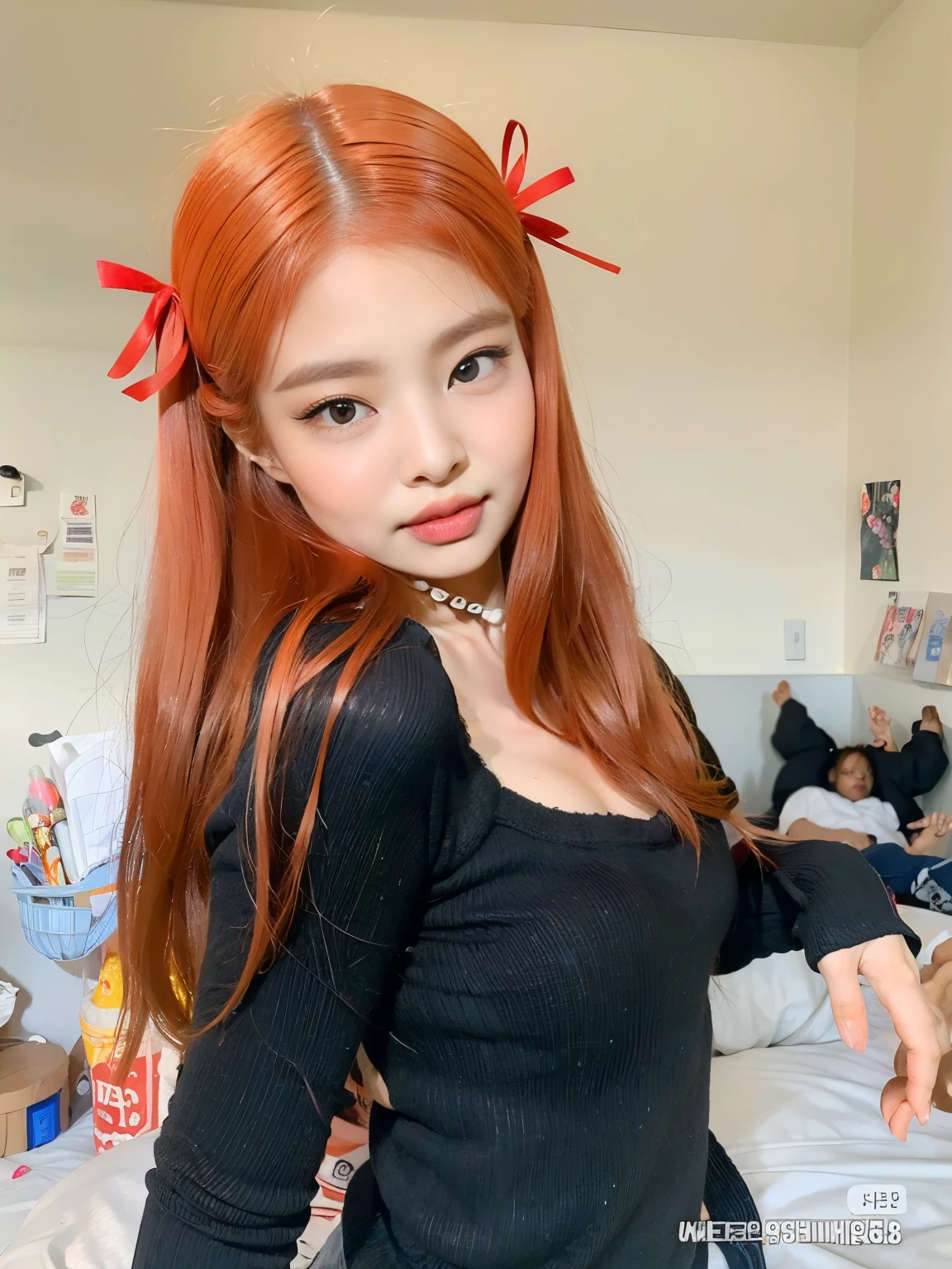 There's a woman with red hair posing for a photo, ela tem cabelos longos e redorange, com rabo-de-porco preto, menina coreana, Ulzzang, Retrato de Jossi de Blackpink, jossi do blackpink, com cabelos longos e olhos penetrantes, penteado pigtails, Parque Roseanne do Blackpink, Ela tem longos cabelos castanhos alaranjados, com cabelos ruivos, Menina anime na vida real
