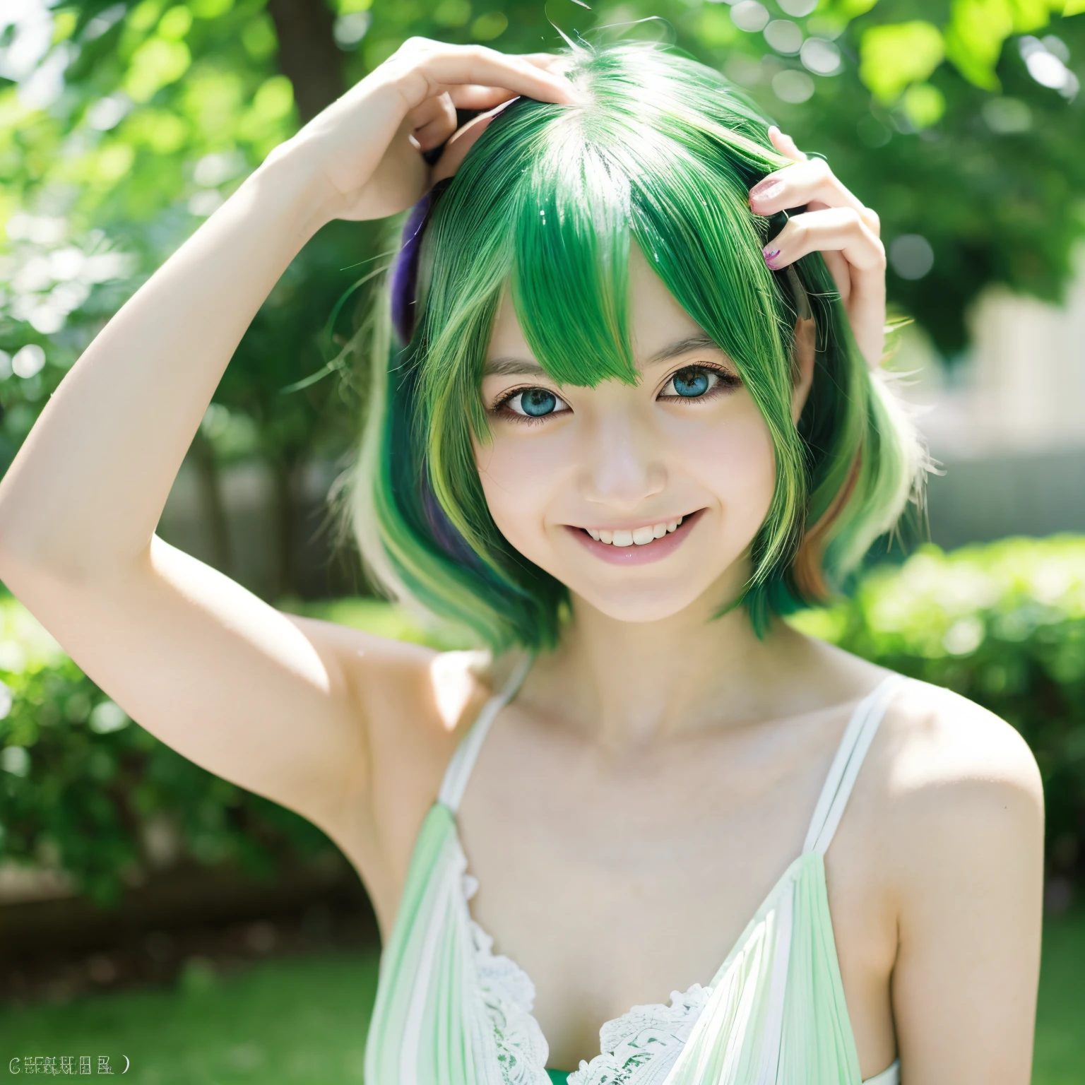 Heterochromia、Right eye is green、Left eye is purple、1girl in, (Solo:1.2), ((masutepiece)), slim, Small chest, pale skin, ((Detailed eyes)), Armpits, (bokeh effects), Green hair, exterior, Red Eyes, grin