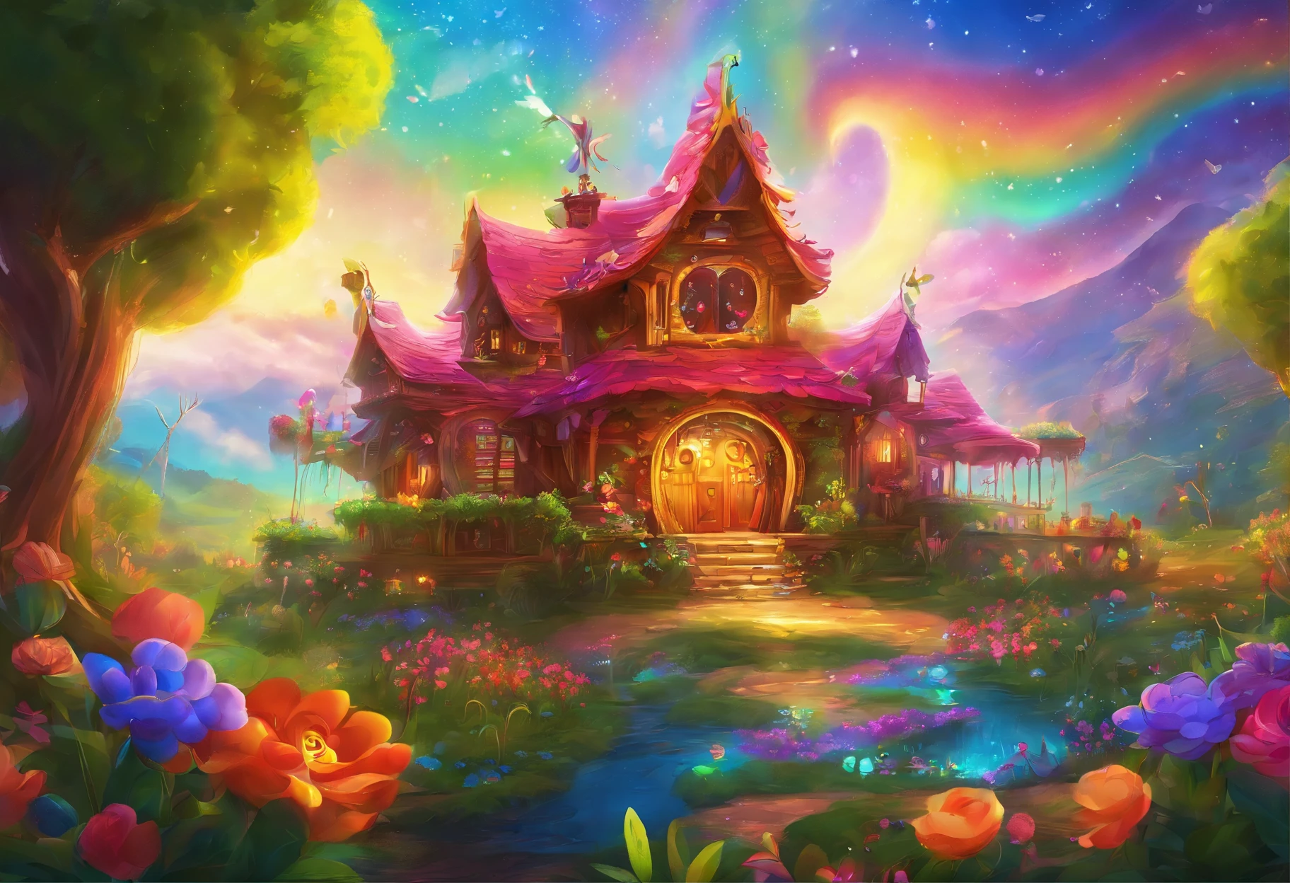 （（（Giant rainbow banana house emits auroras，covered with vines，leafs，fresh flowers））），Intense contour light，Luminous inside，Colorful，（（Best quality at best））， （（tmasterpiece）），Enhanced dynamic viewing angle，Sparkling creek，（weeds），flowers blooming，glowing effect，ultra - detailed，Works of masters，high high quality，8K分辨率，depth of fields，电影灯光，epic graphics，high high quality，ultra - detailed，Detailed pubic hair，Accurate，电影灯光