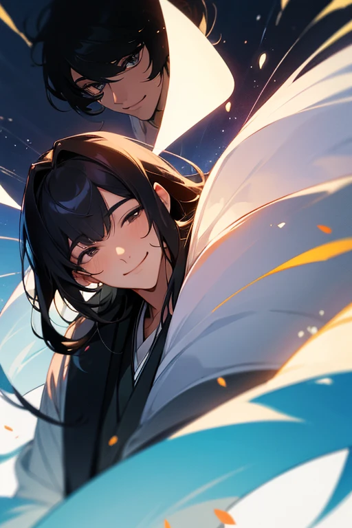 Handsome man with a gentle smile, five heads tall, Japanese, black hair, with bangs, smooth hair, smiling with eyes closed, ephemeral