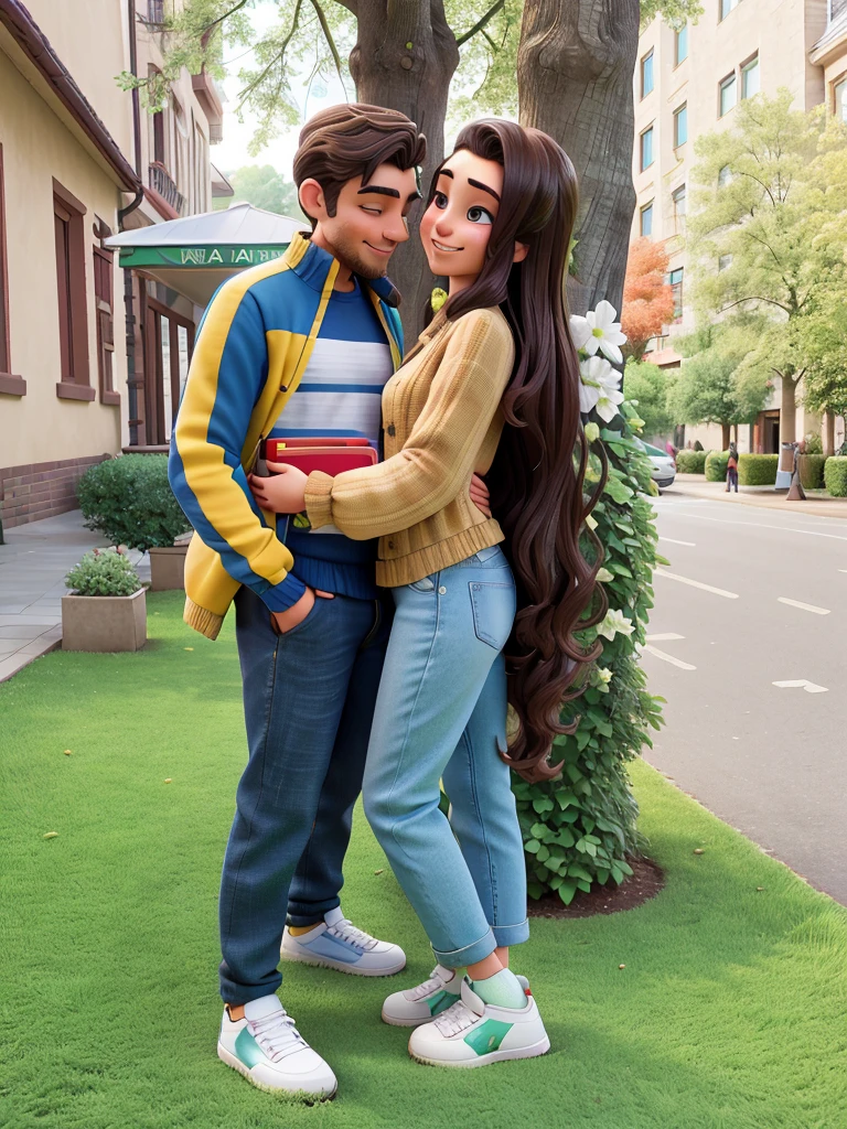 there is a man and woman standing next to each other on a green lawn, lovely couple, couple pose, they are in love, shot on nikon z9, ghutra and egal, taken with sony alpha 9, in the background, happy couple, in city street, couple, very very low quality picture, taken at golden hour, growth of a couple