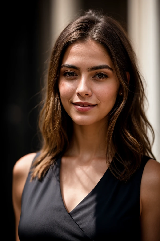 Foto RAW, Portrait photo of beautiful face of beautiful 26 years.o Mujer rubia , cara linda, Vestido negro, cara feliz, Sombras duras, Cinematic shot, Dramatic lighting