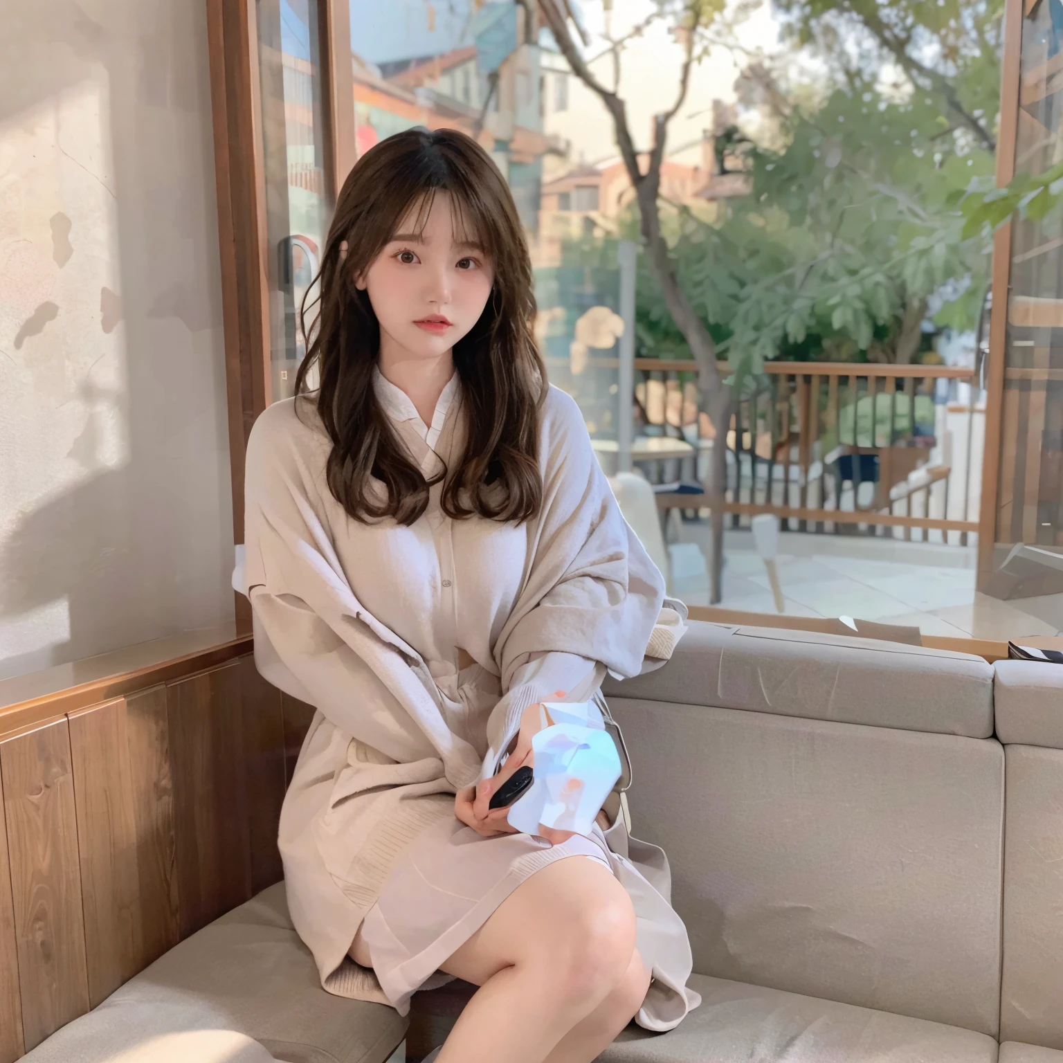 Best quality at best: 1.0), (超高分辨率: 1.0), Real people,jk,The girl sits on the table and crosses her legs