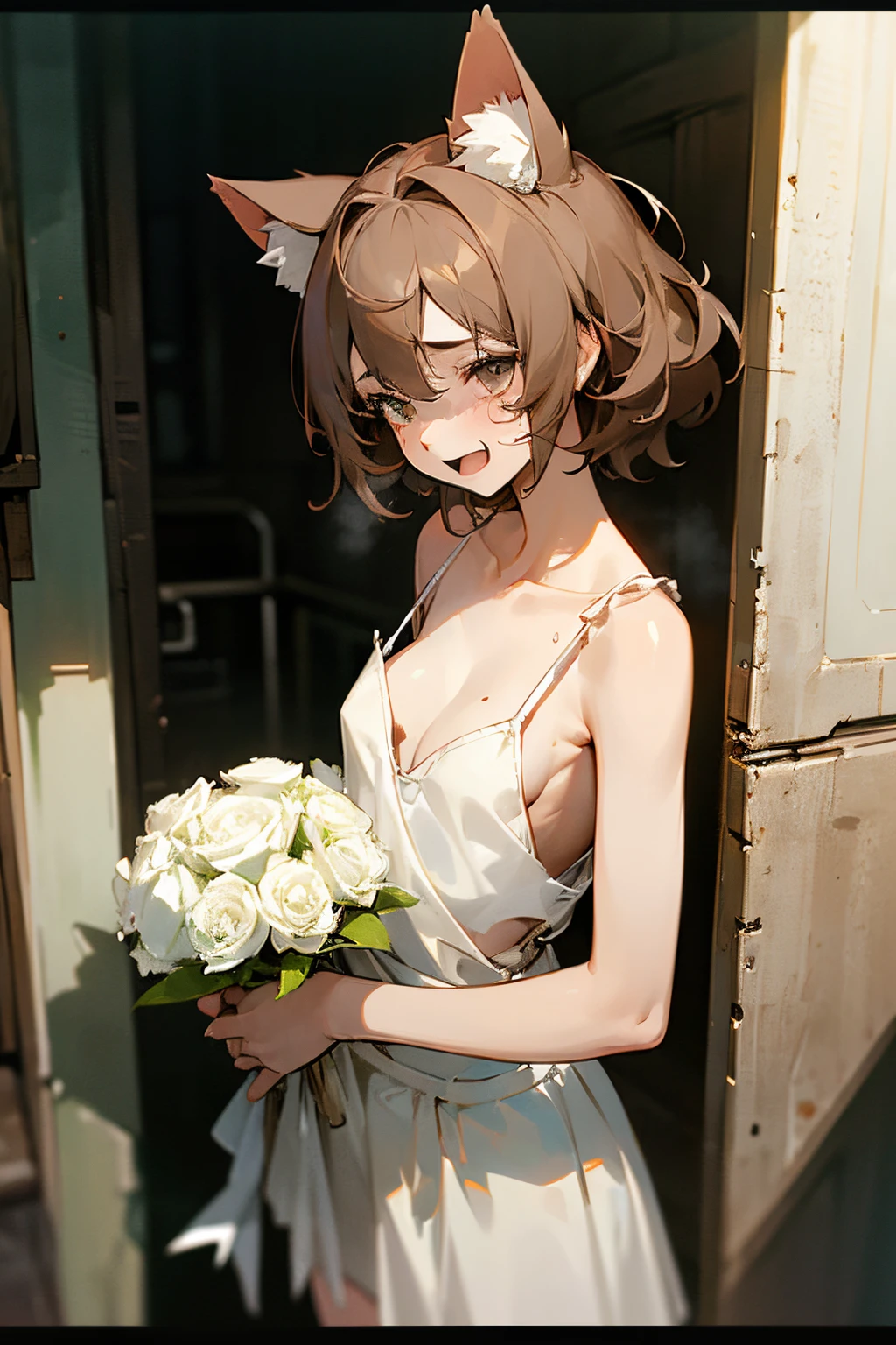 (RAW photo: 1.2), ((masterpiece))、((top-quality), 16K ,textured skin, cinematic lighting, paper_cut, ((holding the bouquet with both hands))、(Very messy medium hair)、very battered and torn camisole、Dirty white camisole、(Small breasts with large exposure)、laugh out loud、Open your mouth wide、(Slender small breasts), 1girl、be sweaty、Beautiful small breasts、Cat ears, Pale brown hair、Cute age Beautiful Girl、Slum street corner