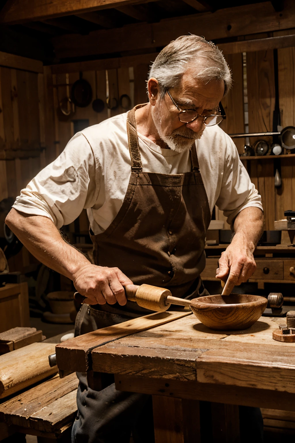 A wood turner turning a bowl on a lathe. He is old and wears glasses. The lathe is horizontal.