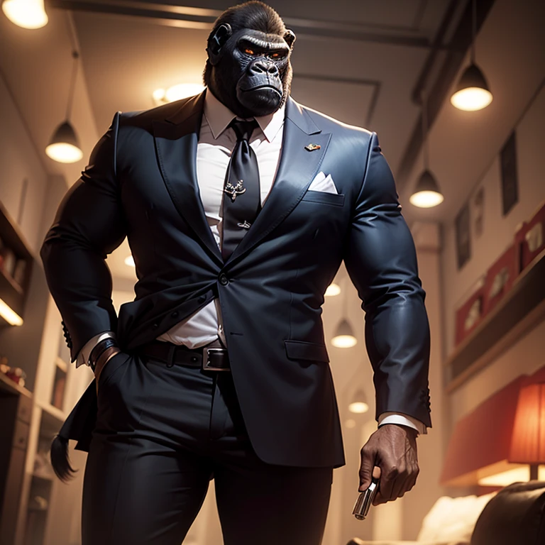 Gorilla in a suit、Good Style、Tough and cool gorilla like a model、wears sunglasses、Cool atmosphere、Luxury office on background