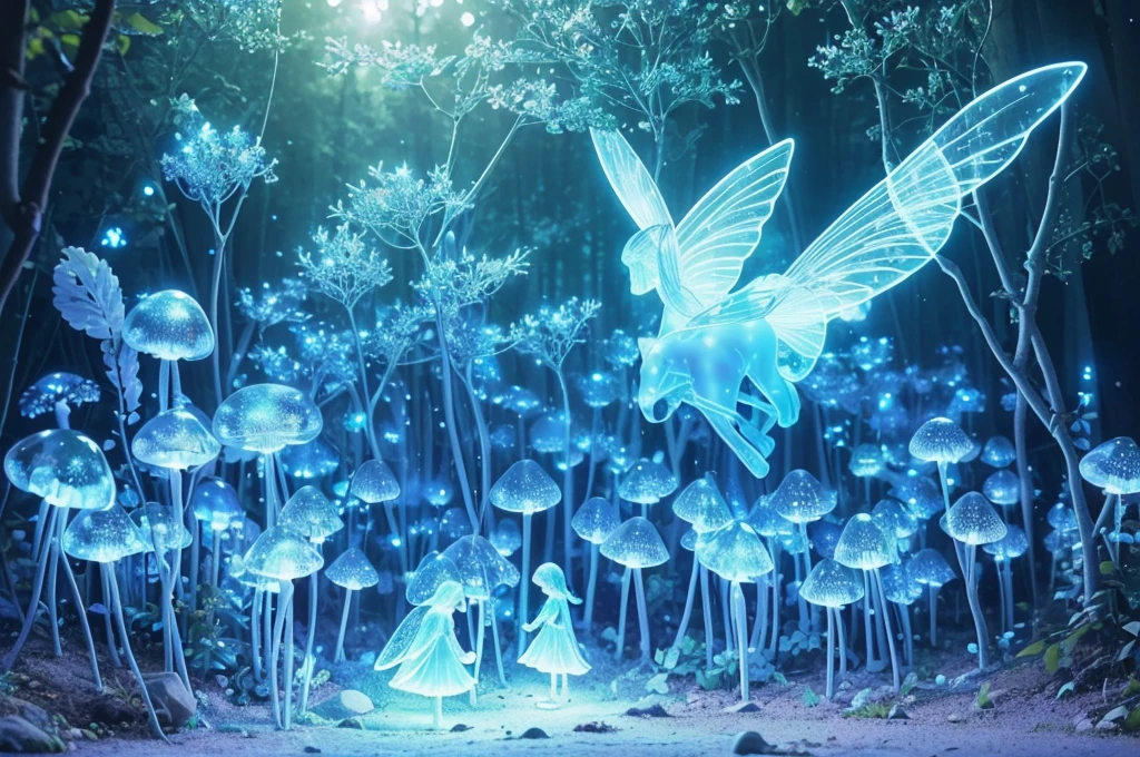 (Best quality,A high resolution:1.2),ultra - detailed,actual,Strong light illumination,semi transparent,（Many mini glowing transparent mushrooms,，Have transparent wings，afloat，magical,Light blue glow,Ethereal）,at a forest,Fairytale,evoke calm,Whimsical,in pastel shades