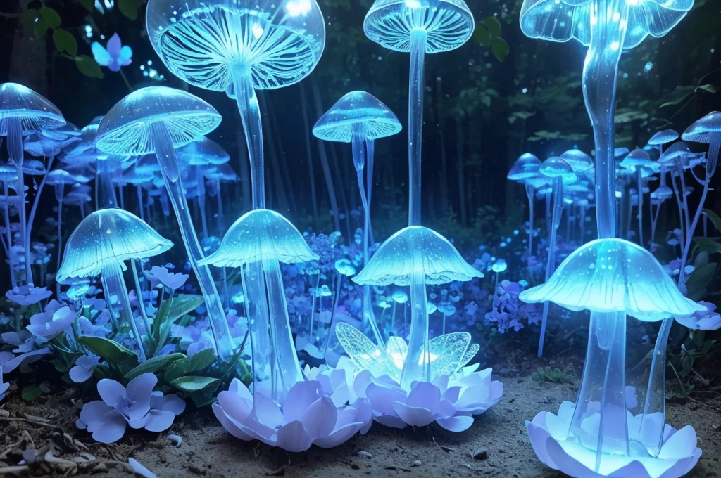 (Best quality,A high resolution:1.2),ultra - detailed,actual,Strong light illumination,semi transparent,（Many mini glowing transparent mushrooms,，Have transparent wings，afloat，magical,Light blue glow,Ethereal）,at a forest,Fairytale,evoke calm,Whimsical,in pastel shades