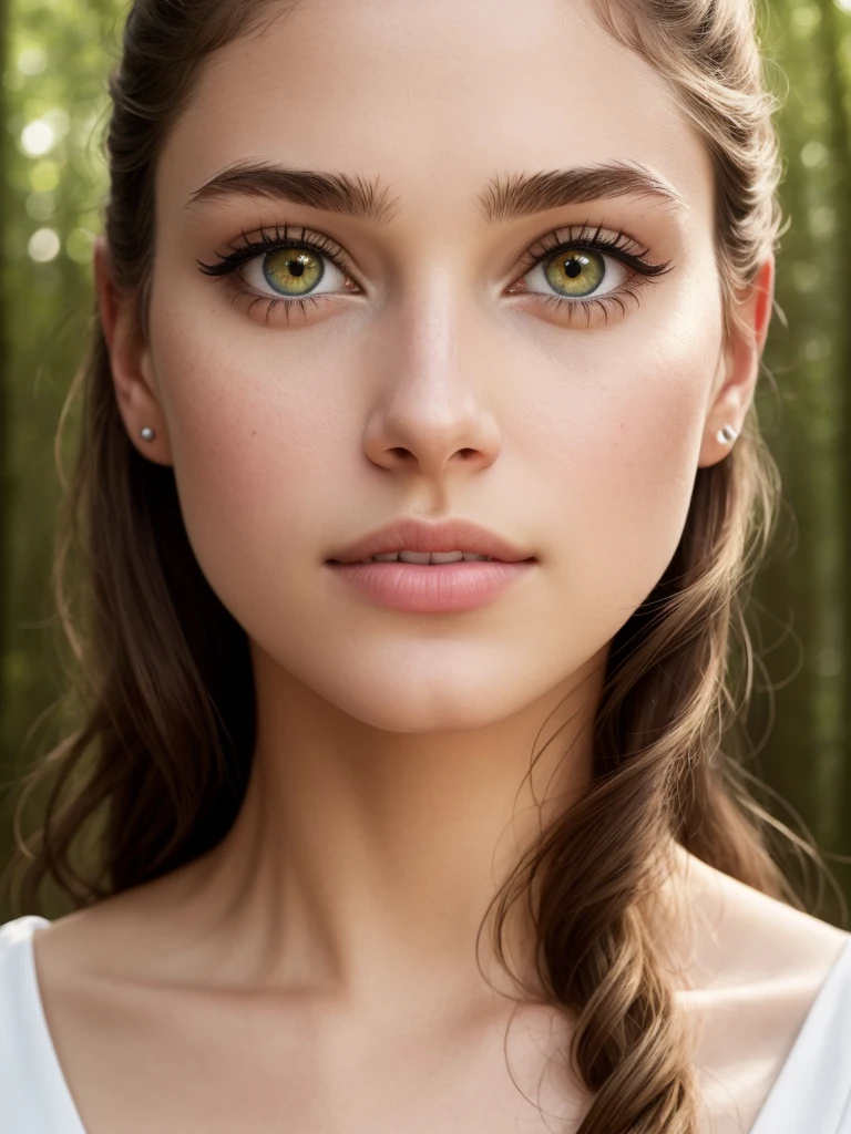 (close-up) on the face, depth of field, bokeh, 4K, HDR. by (James C. Christensen:1.2|), [healthy skin tone], [narrow shoulders], (photorealistic) with positioning (symmetrical) and a pupil (perfectly round, naturally dilated)], [semi-transparent layers], (delicate black eyeliner), [black mascara], accentuate the eyes, [delicate smile], (natural skin texture) of the face with (skin pores), (realistic skin color gradient), realistic, (best quality:1.3), lush lips,  Submissive,posing in the forest