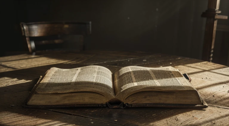 (bible:1.1,old,antique,aged),(open,page:1.1,spread),table,book,(dust particles:0.9,scattered:0.9),light beam,designer illustration,highres,vintage color tone,worn-out texture,sunlight,studio lighting,symbolic,atmospheric,still life