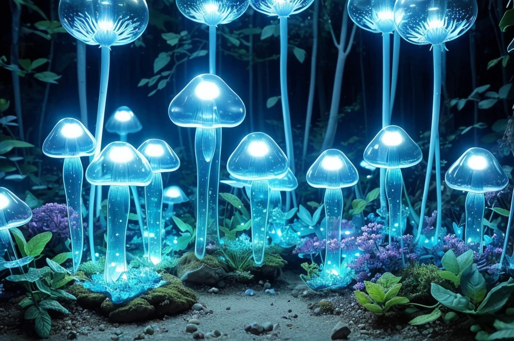 (Best quality at best,A high resolution:1.2),ultra - detailed,actual,Strong light illumination,semi transparent,（Many mini glowing transparent mushrooms,，Have transparent wings，afloat，magical,Light blue glow,Ethereal）,at a forest,Fairytale,evoke calm,Whimsical,in pastel shades