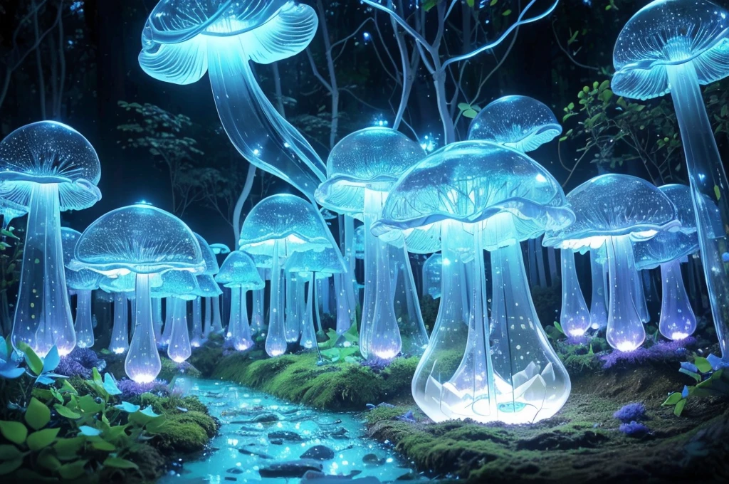 (Best quality at best,A high resolution:1.2),ultra - detailed,actual,Strong light illumination,semi transparent,(Many mini glowing transparent mushrooms,,Have transparent wings,afloat,magical,Light blue glow,Ethereal),at a forest,Fairytale,evoke calm,Whimsical,in pastel shades