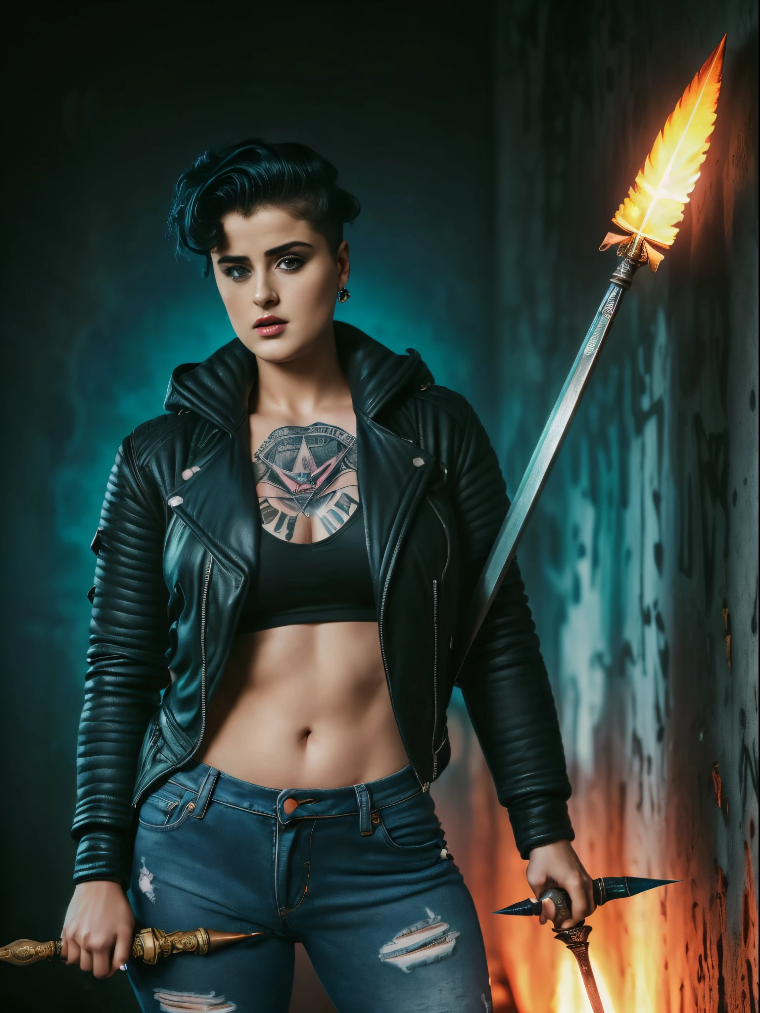 Very aesthetic inkpunk illustration, Stefania Ferrario, (((wielding a magic spear in his right hand))), sentada em uma cadeira simples, corpo inteiro, separated-lips, ,(((jaqueta de couro preta com rebites))) , ripped jeans, camiseta branca, , fundo da parede com graffiti, Arte por Mschiffer
