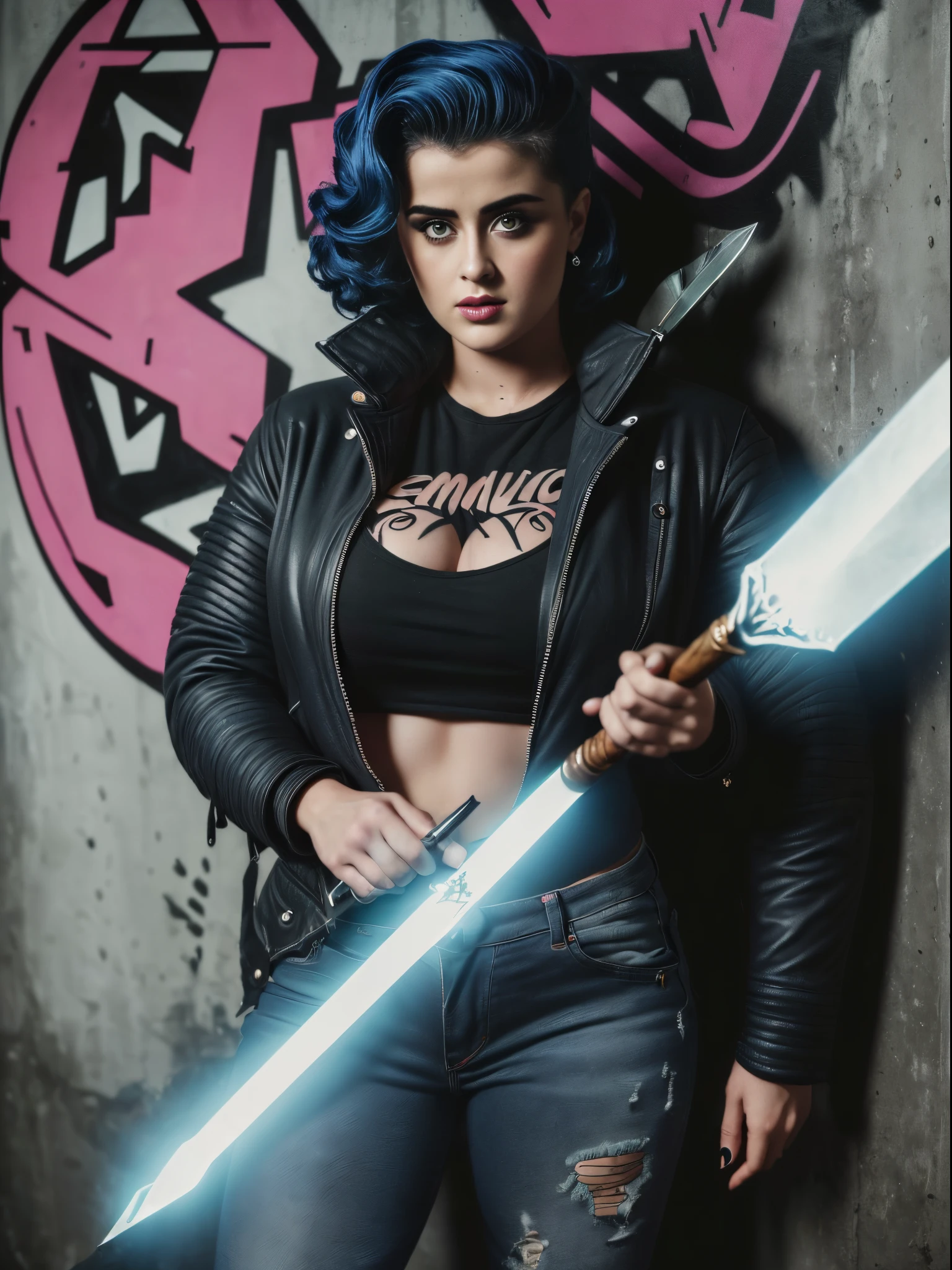 Very aesthetic inkpunk illustration, Stefania Ferrario, (((wielding a magic spear in his right hand))), sentada em uma cadeira simples, corpo inteiro, separated-lips, ,(((jaqueta de couro preta com rebites))) , ripped jeans, camiseta branca, , fundo da parede com graffiti, Arte por Mschiffer