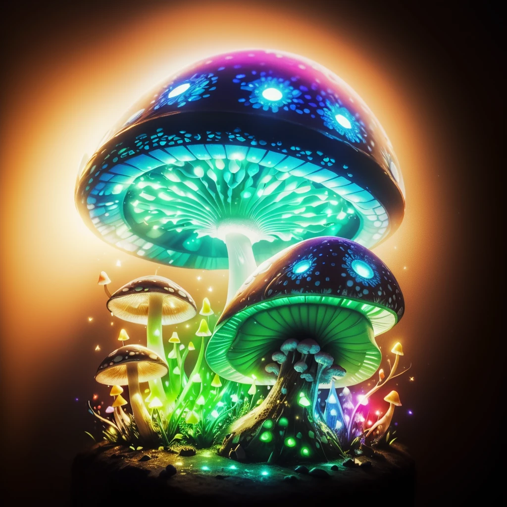 magic mushroom,((Luminous mushrooms:vivd colour)),,Photospores fly,magical lights,Light-emitting diode,masterpiece,8K,,A mysterious sight,Fantastical,Dim background,