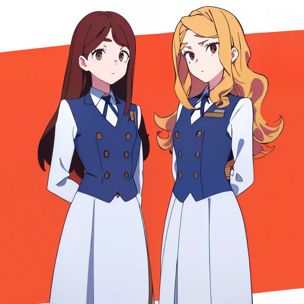 2girls, duo, twins, standing shoulder-to-shoulder, luna nova uniforms, teenage woman, brown hair, blonde hair, long curly hair, hair down, hazel eyes, white background, best quality, highly detailed