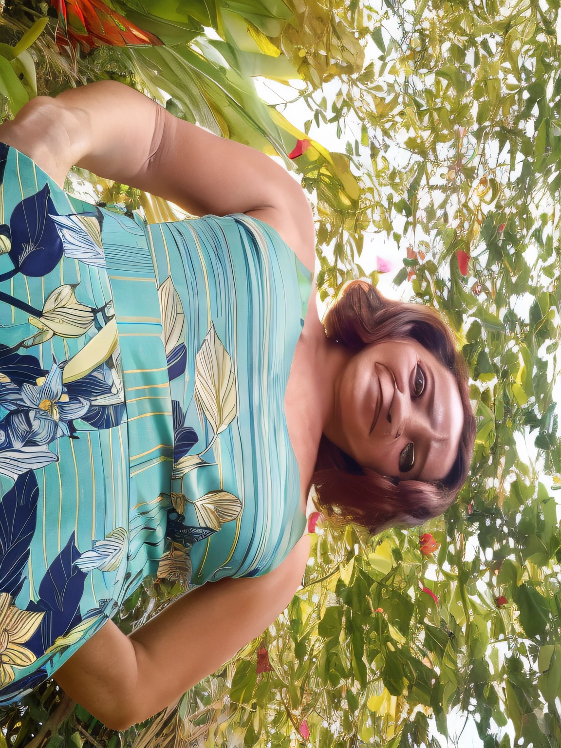 there is a woman standing in a garden with a flower in her hair, 3 0 anos mulher, usando um vestido havaiano, foto lisonjeira, ela tem cerca de 6 0 anos, ela tem cerca de 50 anos, vestindo chiton floral, photo from behind, Sandra Chevier, Deborah, Mulheres de 40 anos, 4 5 I