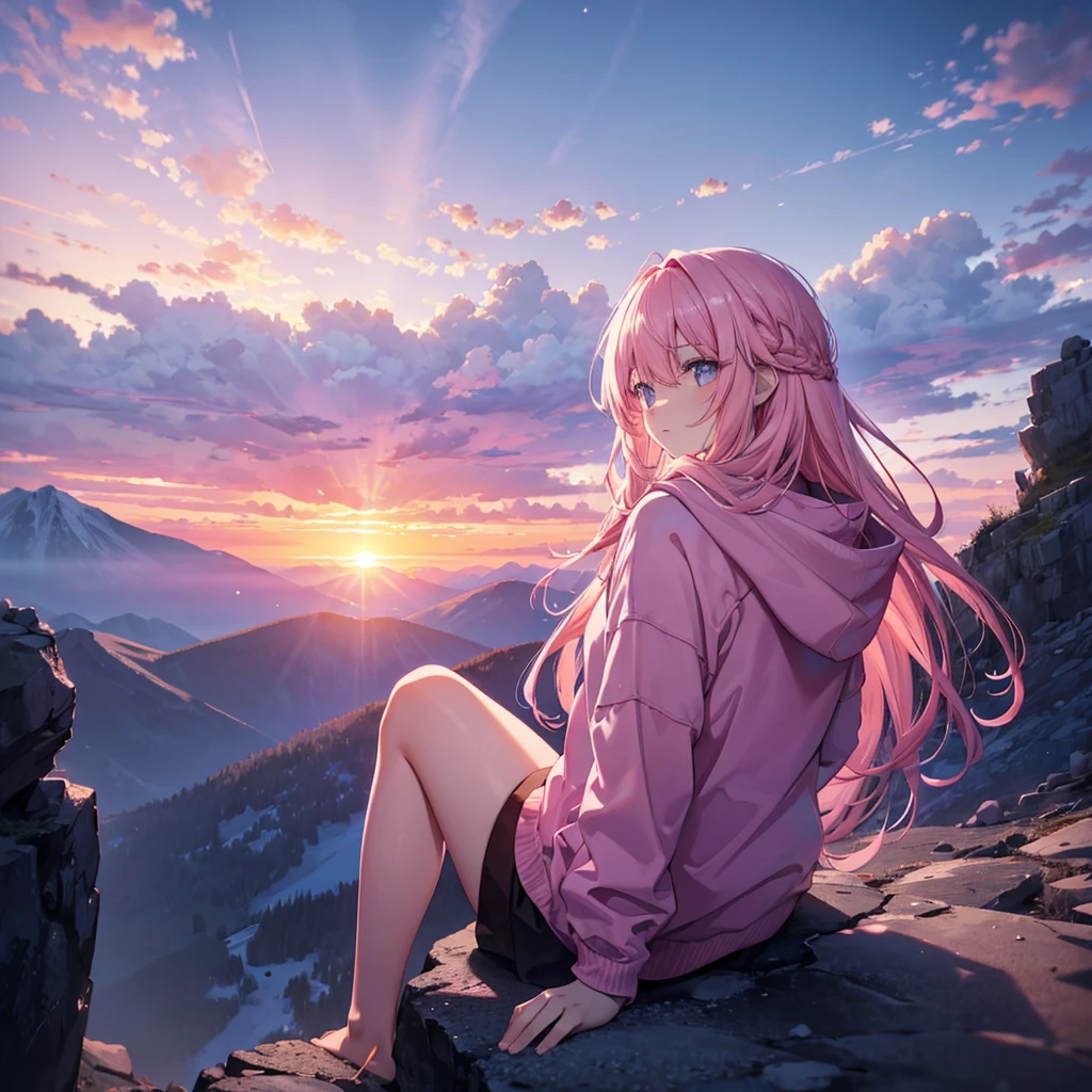 Pink hoodie,pink long hair,sitting on a mountain ledge, back camera, mountains on the background, clowds on the mountain bottoms, 8k, top quality,sunset,dreamy, rocky, hazy