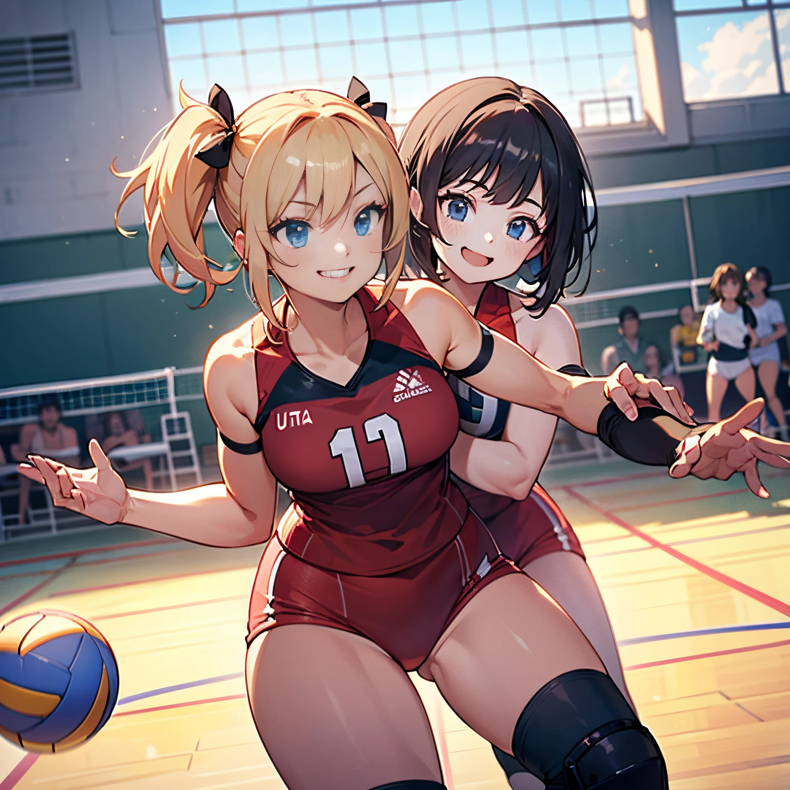 unity 8k wallpaper, anatomically correct, (((masterpiece))), (((best quality))), (((ultra detailed))), (((high-resolution))), ((super fine illustration)), ((Ultimate cutie)), detailed beautiful face, shiny hair, 18 years old, (potbelly), (curvy), medium breasts, ((Thick thighs)), sleeveless volleyball uniform, ((buruma)), ((knee pad)), (elbow pad), ((hold volleyball)), ((hold a 6-inch volleyball)), cowboy shot, in volleyball court, in school gymnasium, 
BREAK, 2girls_A_and_B, A girl_have_{{blond twintails}}_{hair bow}_{{happy}}_{smile}, 
BREAK, B girl_have_{black short hair}_ {hair bow}_{{{smirk}}}