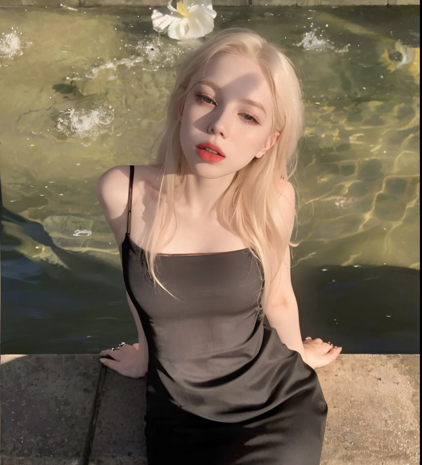 Blonde woman dressed in black sitting on a concrete ledge by the water., Ava Max, Hermosa Delphine, pale fair skin!!, piel blanca muy, very very pale, piel blanca muy, very pale, extremely pale white skin, extremely pale blond hair, pale, shiny skin, with pale skin, albino white pale skin, very pale white skin, cabello rubio muy, very pale