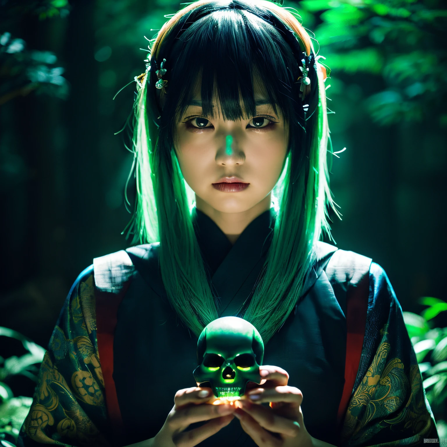 miku hatsune、straight green hair((Best Quality)), ((masutepiece)), (Detailed), Portrait, Female Samurai, Mystical, Night, Dark Deep Forest, ((glowing skull in hand:1.2)), Cinematic, armor, Determined expression, Traditional hairstyle, Moonlight, (shadowy:1.2), Subtle brilliance, closeup view.