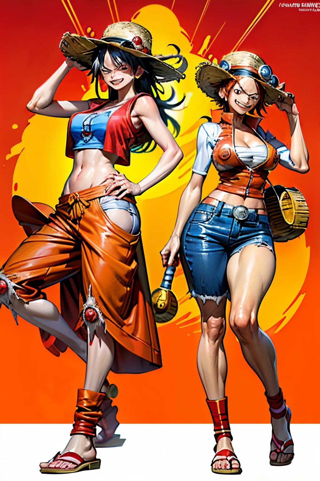 women in a red outfit with a blue and white hat, from one piece, luffy (one piece, luffy dressed as naruto, luffy gear 5, monkey d luffy, luffy from one piece, nicholas cage as monkey d luffy, best anime character design, eiichiro oda style, inspired by Eiichiro Oda, luffy, one piece style