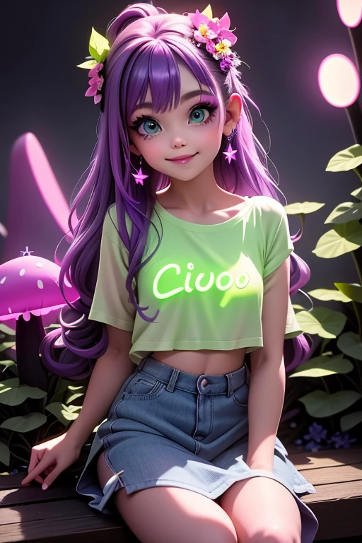 masterpiece, best quality, a fairy smiling slouching on neon flowers, purple hair, blue neon glow eyes, green neon eyes makeup, neon hair ornaments, neon earrings, neon choke, purple neon crop shirt, green neon skirt, holding a neon luminiscent mushroom, (night sky), magical garden at night, Northern Lights on the sky, magical neon sparks floating around,