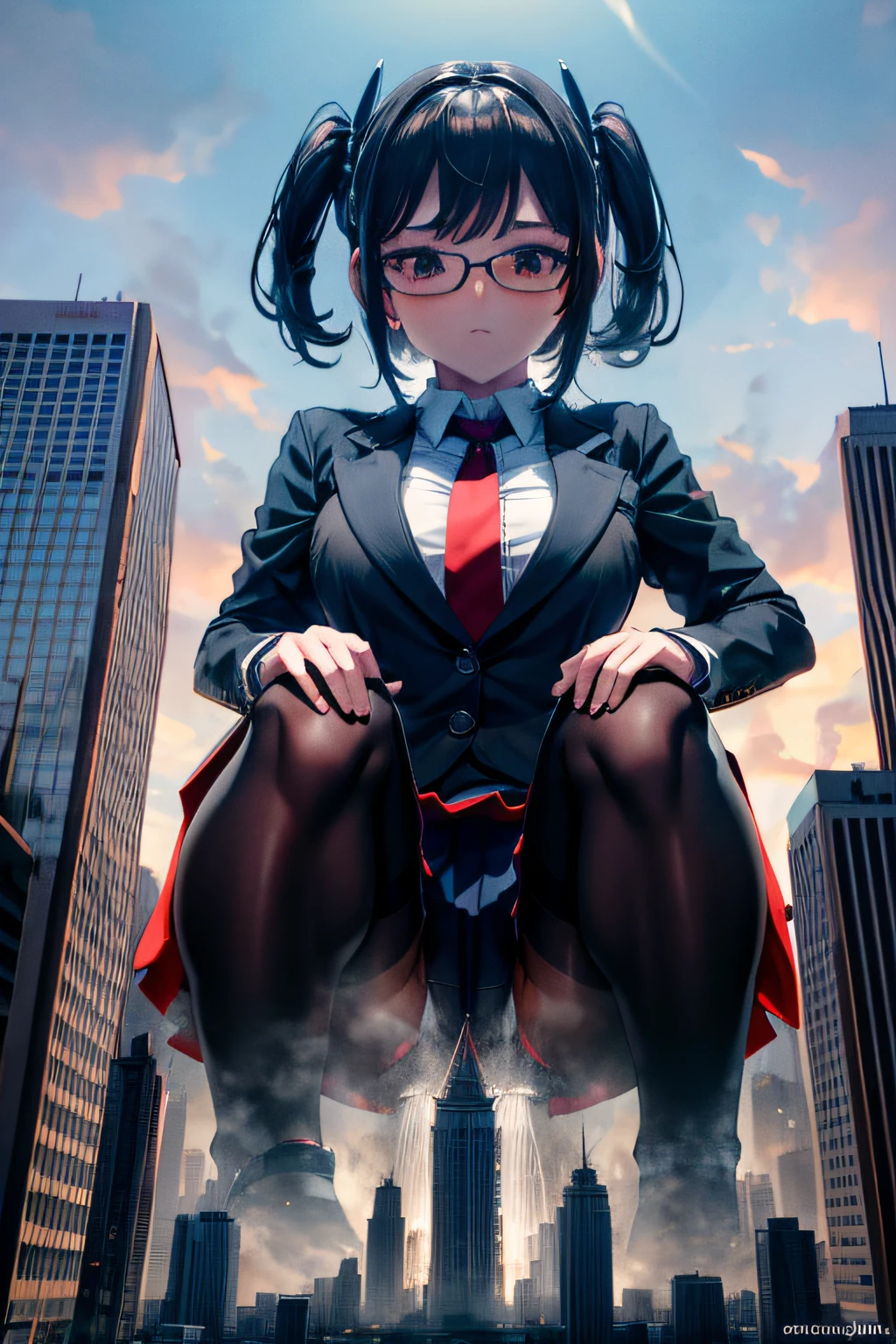giantess art, a hyperrealistic schoolgirl, , highly detailed giantess shot, der riese, Shorthair, Black pantyhose, Giant high school girl much bigger than a skyscraper。Wearing rimless glasses。Colossal tits。Navy blue blazer、Red tie、Mini Length Skirt、Black pantyhose、I'm not wearing shoes.。very small metropolis。miniature metropolis。In a miniature metropolis just a few feet tall.、squatting and urinating。The city sinks into a sea of urine。Full body depiction。gigagts, der riese, Black pantyhose, Pantyhose legs, Pantyhose feet, ,crash city,Small town,micro city, Peeing, pee,