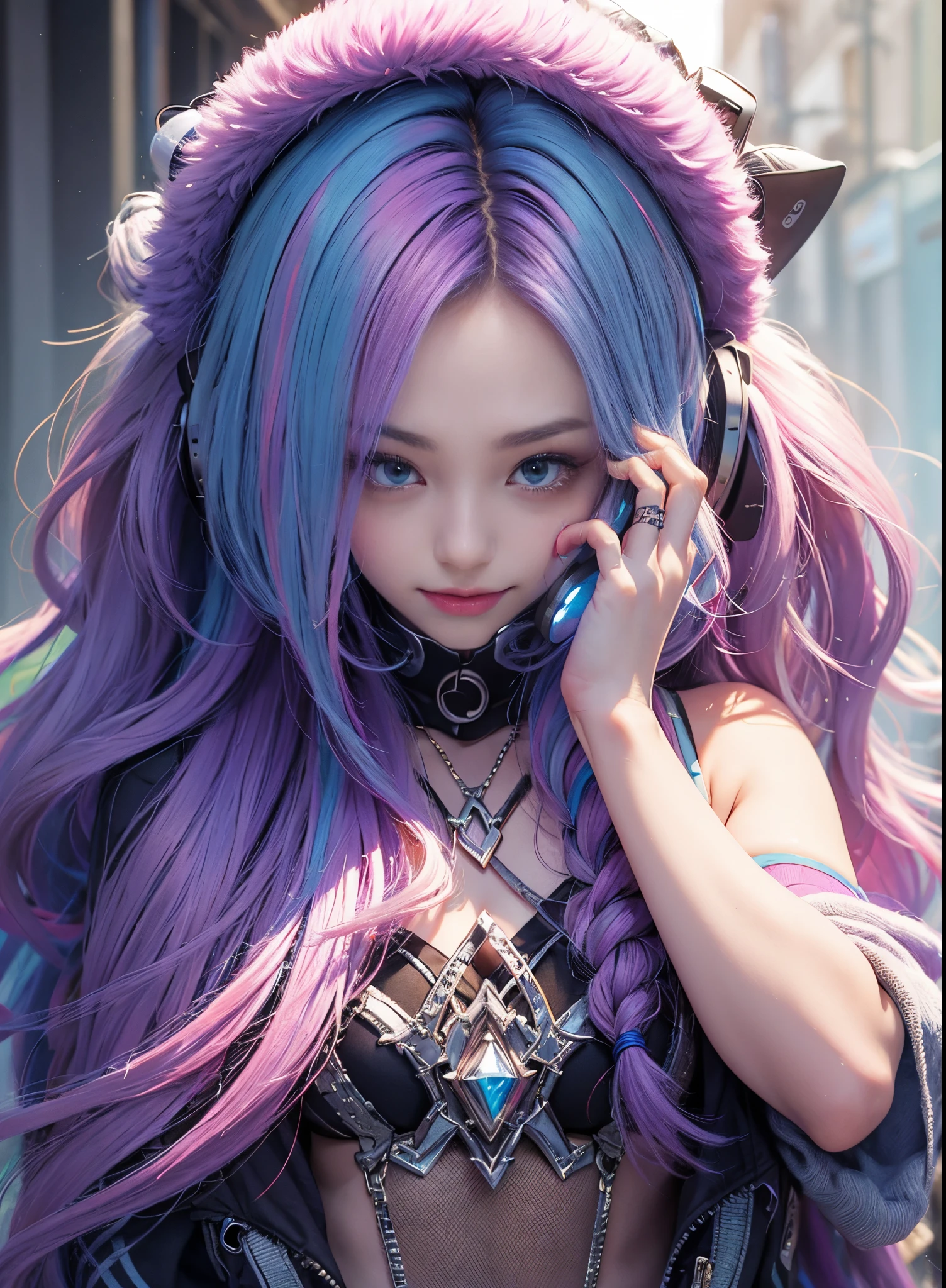 Long colored hair，Nice face，sling bikini，Heterochromatic pupil，ssmile，apathy，比基尼，Full body photo，the soft light，Earphone