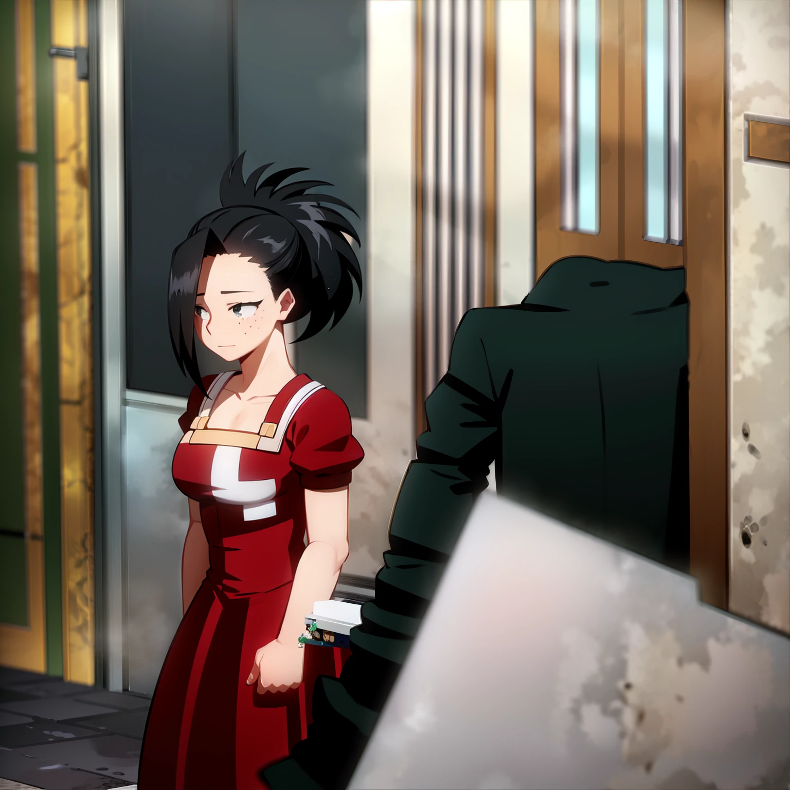 YaomomoXizuku midoriya (author kohei horikoshi) ,height,(yaomomo height 173cm),(yaomomo age 15 years),(yaomomo onyx eyes),(izuku midoriya short green hair),(izuku midoriya height 1.66 cm)(izuku midoriya green eye color),( freckles on the cheeks),(izuku midoriya age 16 years),(Yaomomo wearing a red Christmas style dress clinging to Izuku Midoriya's arm),(izuku midoriya wearing black suit with black grace black dress pants izuku midoriya with yaomomo clinging to his arm),(yaomomo beautiful and young girl),(izuku midoriya young teenager),anime my hero academia,(in the style of the manga my hero academia)