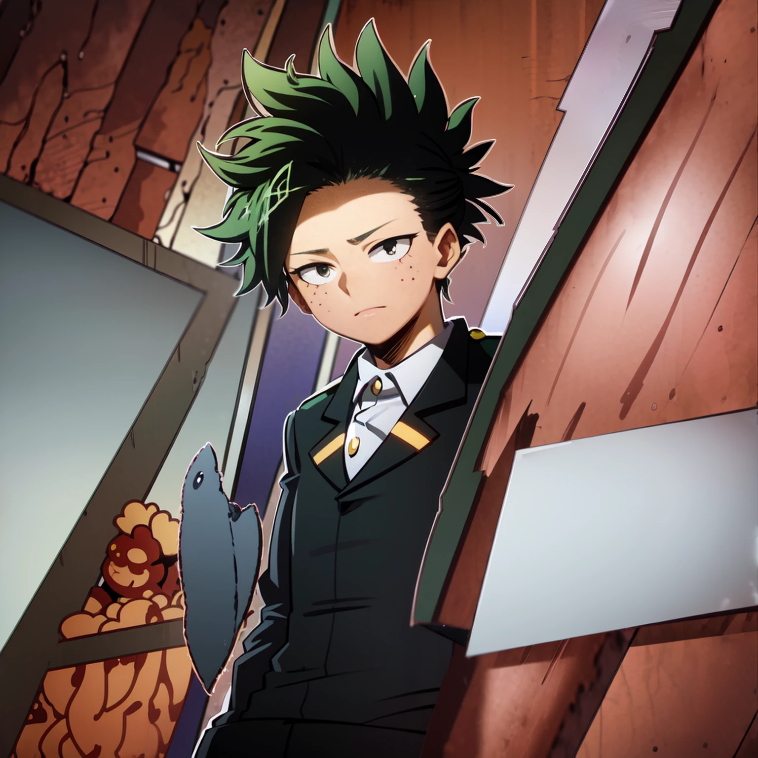 1boy, male focus, boku no hero academia, masterpiece, best quality, very aesthetic, absurdres, short curly hair, dark green hair, lime green eyes, devilish grin, gray jacket, red tie, white shirt, teal pants, boots
