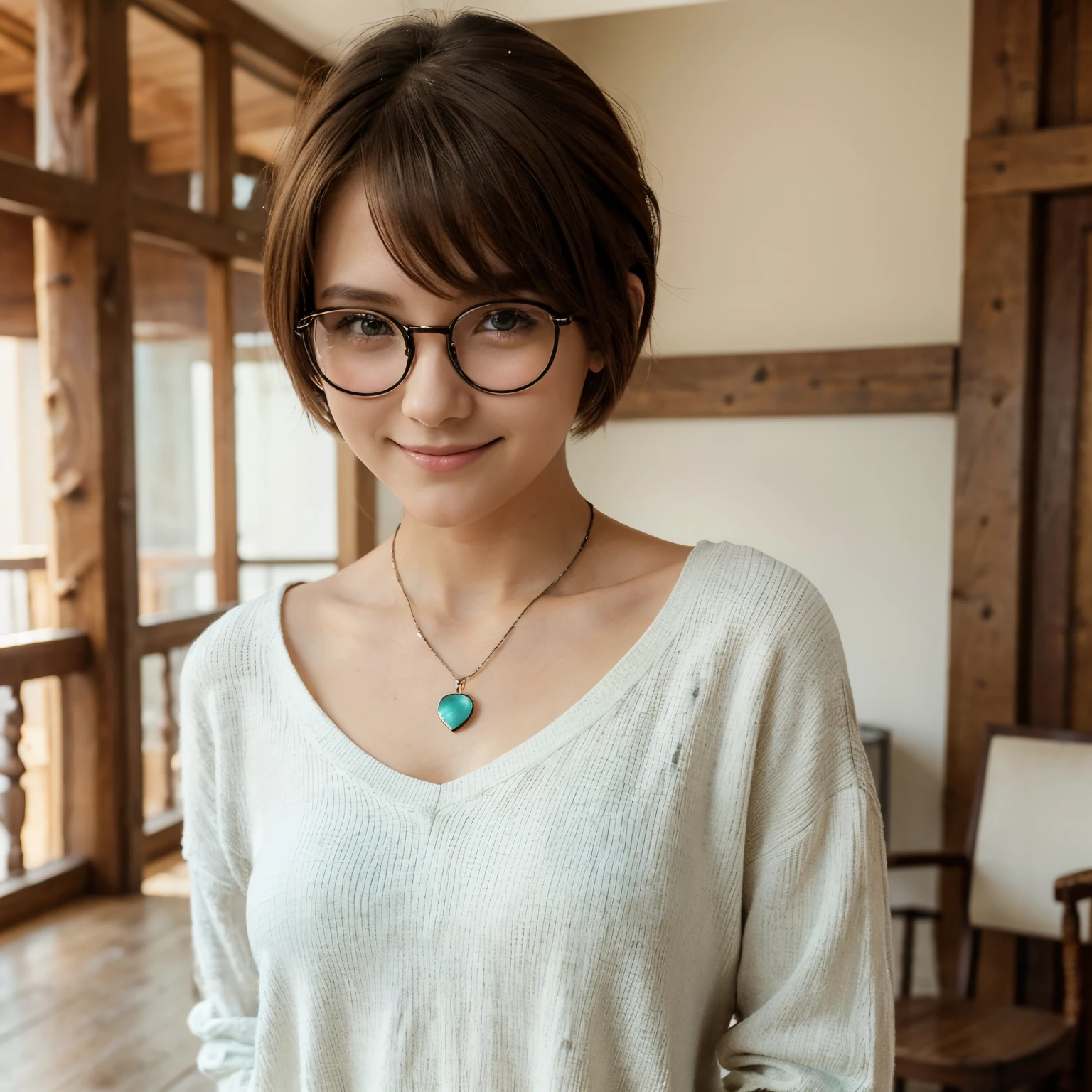 Girl in a simply standing pose, average anime model, brown short hair above the neck, with glasses on, Clothes in the style of old France in soft birch, white and black shades, One eye is blue, and the second one is green, looks at us, Calm smiling face