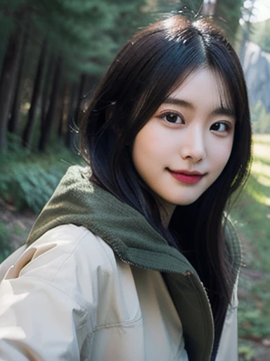 (masterpiece, best quality, photo realistic, official art:1.4), (UHD, 8K quality wallpaper, High resolution, raw photo, film grain:1.2), (shiny skin), professional lighting, physically-based rendering, Award-winning, highly detailed skin, (extremely detailed face and eyes, clear pupils), Carl Zeiss 85 mm F/1.4, depth of field, BREAK, 1girl, solo, kawaii 24-year-old Korean girl, (Nogizaka idol:0.7), (Korean idol:0.9), (glossy straight black hair, mediumlength hair, forehead:1.3), rounded face, single eyelid, (soft smiling, closed mouth:1.3), (wearing mountain parkas:1.3), (trekking pants, trekking boots:0.7), (breasts emphasized, well shaped medium breasts:0.8), (looking at viewer), BREAK, (at a forest in Yosemite National Park), winter daytime, warm sunlight, (The Half Dome on background), (seductive posing, dynamic angle:1.3), upper body shot,