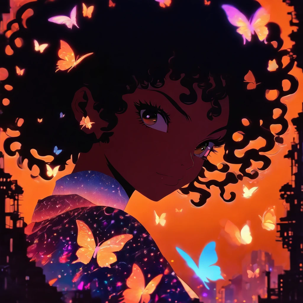 ( 2D Layered paper cutting, Silhouette Art)silvery moon, 1 solo girl with curl Afro hair, urban casual fashion clothing,  backlighting, soft glowing highlight, intricate masterpiece, digital art, storybook character, orange twilight , beautiful detailed face, butterflies, 96k, hyper detailed, Gradient rainbow textured glass background by Loish and Yummei, negative space,