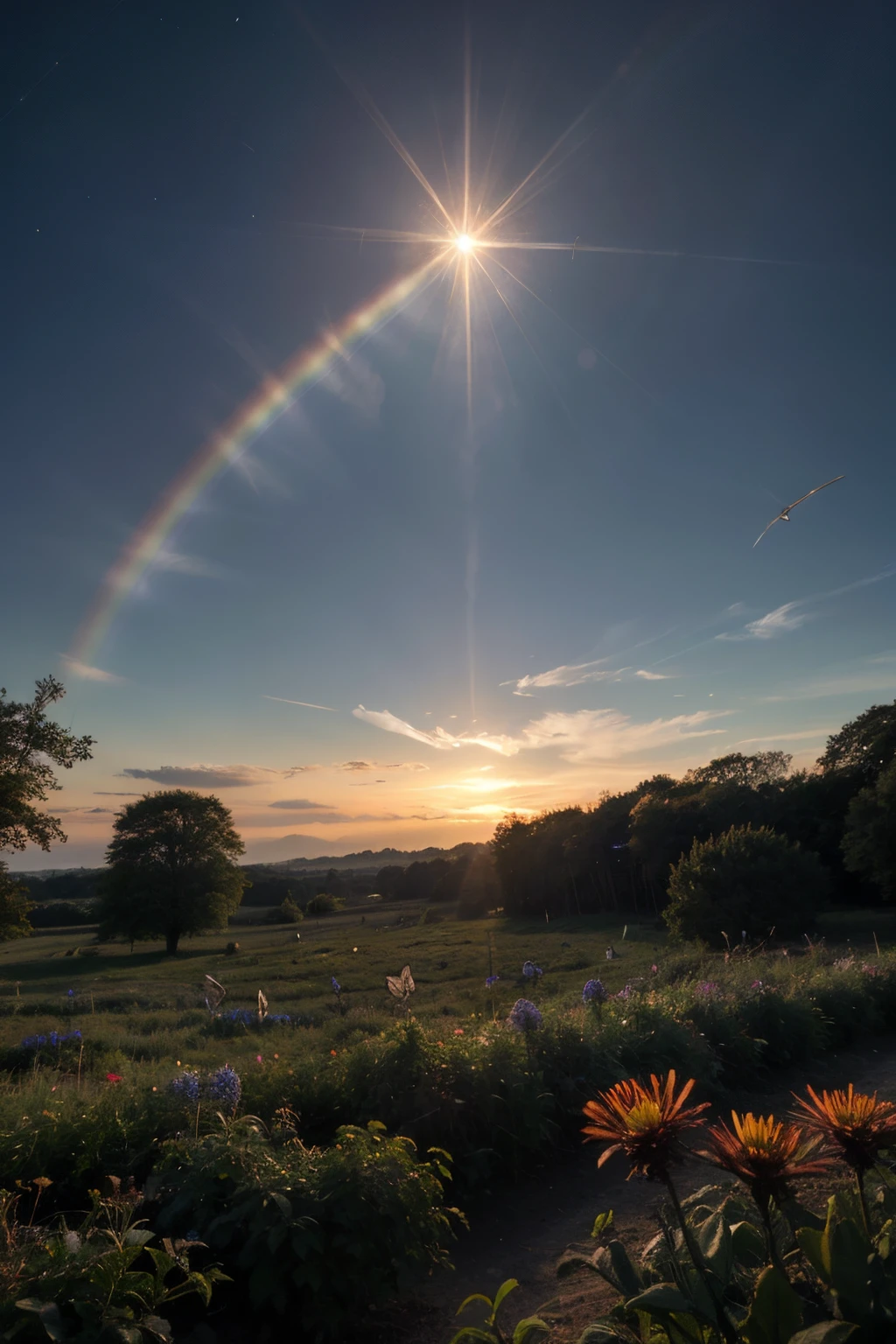 A photo captures butterflies fluttering in a rainbow-colored sky. The butterflies interact with the sun rays, appearing as shining creatures floating in the sky. Among them is a shining blue butterfly. The scene is lit with butterfly lighting and a shining halo, casting an amazing light. The butterflies are in flight, surrounded by a shining halo. This is one of the most beautiful images ever created, filled with heavenly light and beautiful light. Rainbow fireflies add to the scene's beauty. The scene is illuminated with heavenly lighting.