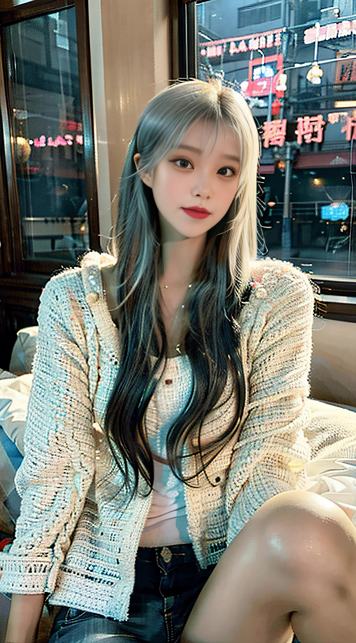 1 Korean girl,Located on the Bund, Shanghai,Vibrant colors,(mint green hair 1:2),Beautiful and delicate pink eyes,long eyelasher,pale-skinned,Soft and delicate facial features,Ethereal atmosphere,dreamy background,Sweet,Light mint aroma,Breeze whispered,peace、calm atmosphere,Calm expression on face,fully body photo, (real photograph: 1.4), (hyper realisitc: 1.4), (realist: 1.3), (Smoother lighting: 1.05), (Improve movie lighting quality: 0.9), 32K,1 20-year-old girl, Luzes Realistas, The light from the rear window is backlit, There is light on the face, ray traycing, (flash lights: 1.2), (enchanced quality: 1.4), (best quality real texture skin: 1.4), 詳細な目, A detailed的the face, hight quality eyes, (Tired, Sleepy but informative.: 0.0), closeup of face, tee shirt, (Increased Body Line Mood:1.1), (Increase the beauty of skin texture:1.1)She is beautiful,Wear a stylish jacket,Show gentleness and elegance。Exude unique personality charm。 This photo was taken according to the best quality standards,Use RAW format photos,Present every detail vividly。Masterpiece post-processing,Make the picture more vivid and real。Realistic effects with complex lighting and high-resolution details,every facial line、Accurately render skin textures and expressions。 The whole picture is depth of field,Make the distance between the character and the background more obvious。There are intricate details in the pictures,That girl's smiles slightly'Open your lips,Delicate eyes and facial features,Every detail is meticulously drawn。Perfect lighting effects highlight the beauty and charm of girls,make it more dazzling。 The background of the picture is a cafe. The overall tone is mainly warm colors.,Add a peaceful and soft atmosphere to the picture。 anyway,The lighting effects throughout the image are excellent,Through careful scene layout and lighting settings,Make the whole picture present a real and unique visual effect。The protagonist of this painting is a Chinese actress,Show their beauty and elegance,fully body photo, (real photograph: 1.4), (hyper realisitc: 1.4), (realist: 1.3), (Smoother lighting: 1.05), (Improve movie lighting quality: 0.9), 32K,1 20-year-old girl, Luzes Realistas, The light from the rear window is backlit, There is light on the face, ray traycing, (flash lights: 1.2), (enchanced quality: 1.4), (best quality real texture skin: 1.4), 詳細な目, A detailed的the face, hight quality eyes, (Tired, Sleepy but informative.: 0.0), closeup of face, tee shirt, (Increased Body Line Mood:1.1), (Increase the beauty of skin texture:1.1),