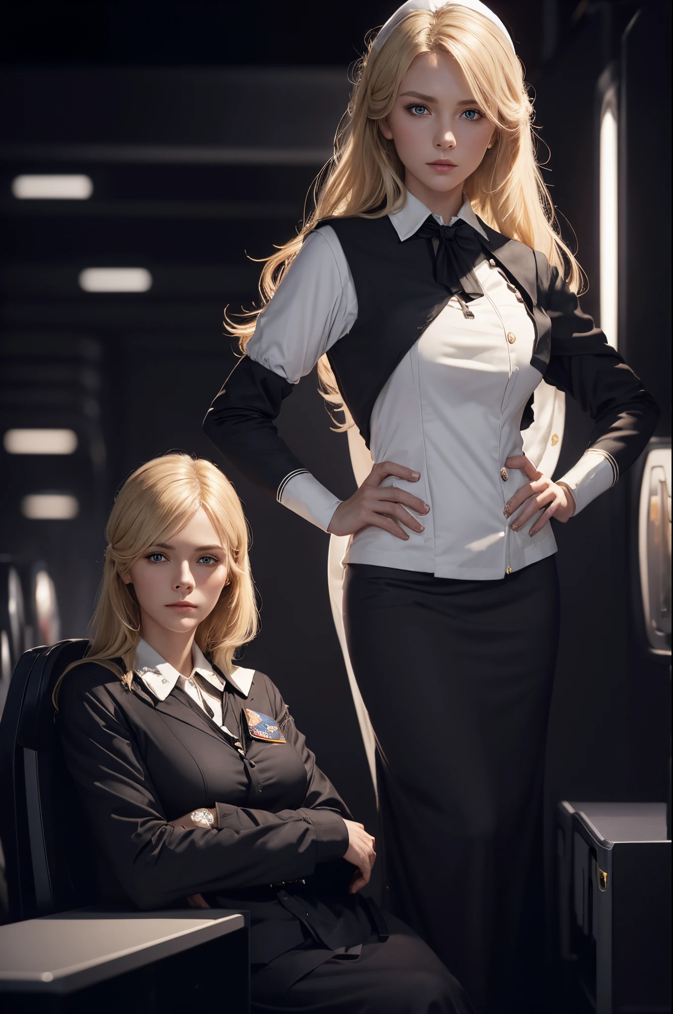 8K,a blond,White suit top and bottom,Caucasian female butler wearing a black blouse(in the darkness nigth:1.6)、Super beautiful mature woman butler(Like the real thing),Blue eyes,real looking skin,Surreal Portrait of a Woman by David Hockney and Alphonse Mucha、Fantasyart、photorealisim、动态照明、art  stations、poster for、Volumetric lighting、extra detailed face、Award-winning、1girl、dark、deepshadow、lowkey、cowboy  shot、(Stewardess Uniform:1.4)、bust、terminal、medium boobs,Red Pin Heels,curacter art,