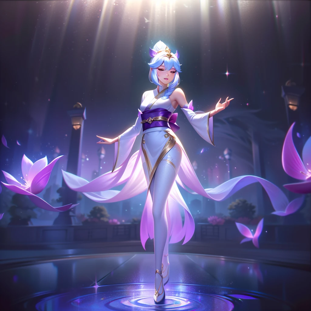 in enchanting "Spiritual bloom" skin line, lux, Lady Shining in League of Legends, undergoing a fascinating transformation. Her appearance retains the essence of her radiant beauty, But now she embodies the ethereal grace of a celestial flower. Dressed in an exquisite kimono-style robe,Made from moonlit petals,Shift between iridescent blue and soft lavender hues, Lux exudes otherworldliness. her exquisiteness, Milky white wings spread gracefully behind her, Gossamer wings resembling mythical butterflies. Decorated with ornate silver jewelry,Decorated with delicate cherry blossom pattern, Every movement she makes is accompanied by a trail of glowing stardust. Lux's eyes sparkled with tenderness, Reflecting the twinkling stars in the night sky. Standing in a mysterious space,The moonlight bathed her in silver light, Twinkling fireflies dance playfully around her, adding a touch of magic to the scene. The whole atmosphere exudes tranquility, Evoke a sense of wonder and awe. ova "Spiritual bloom" Splash Art Captures Lux’s Quiet Moments, as she unleashes her radiant power upon the world, The true embodiment of heavenly beauty and radiant elegance.