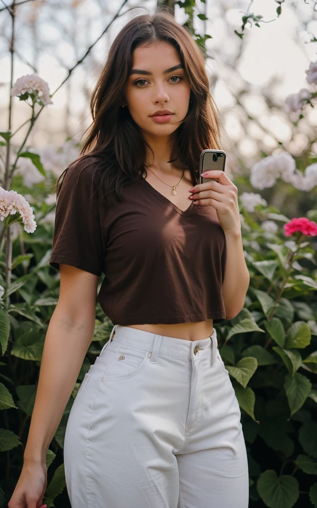 photorealistic, best quality, hyper detailed, 25 years old slim beautiful woman, brown hair, Oversized shirt, lossy pants, hold a phone, flower garden background, analog style, looking at viewer, skin texture, film grain, close up, ultra high res, best shadow, RAW, instagram LUT