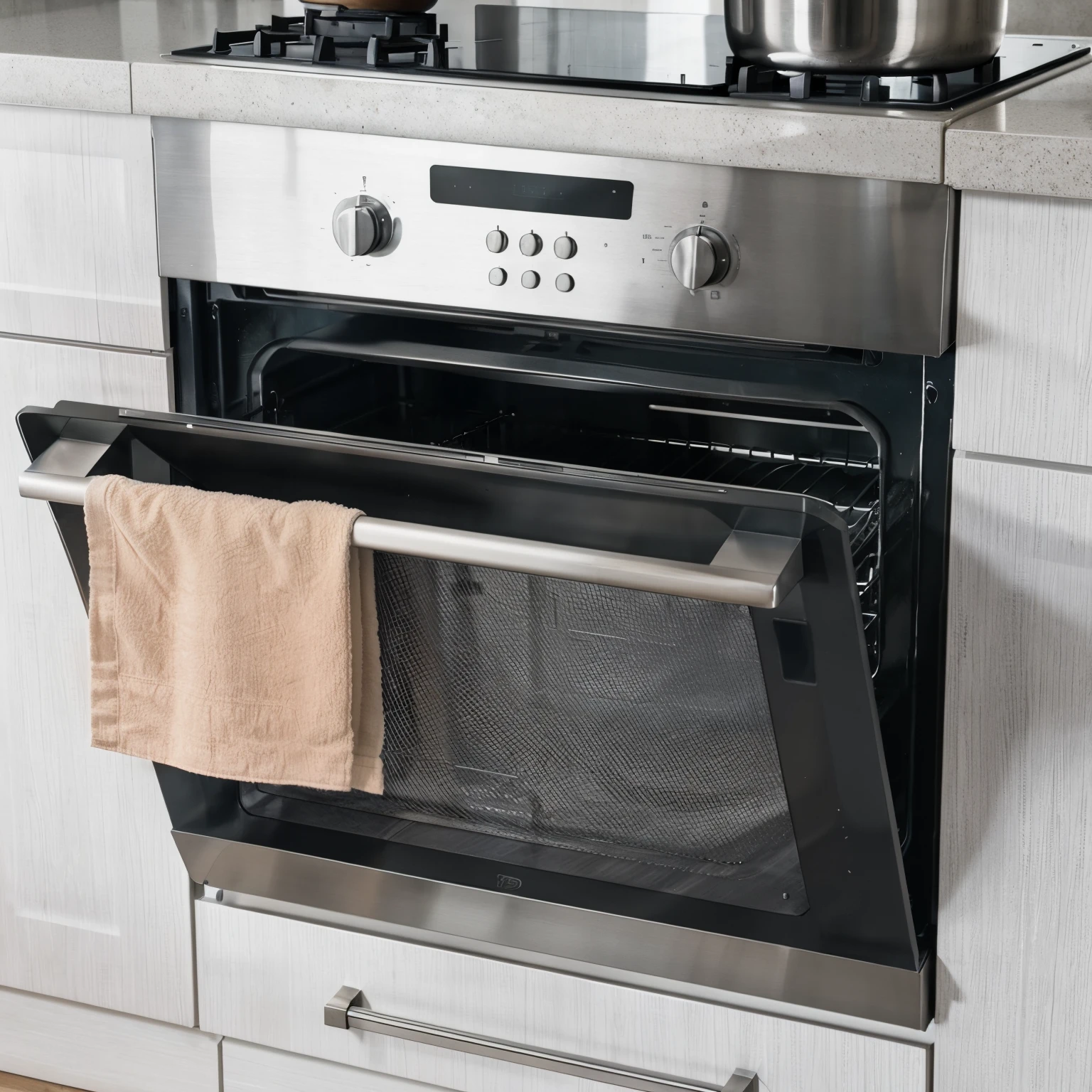 there is a kitchen with a stove and a towel hanging from the oven, oven, near kitchen stove, stove, stainless steal, scenic full shot, perfect detail, with sleek lines and a powerful, an ancient, spectacular quality, high quality detail, intense detail, look at the details, fully functional, stainless steel, where a large, closeup shot, intense details