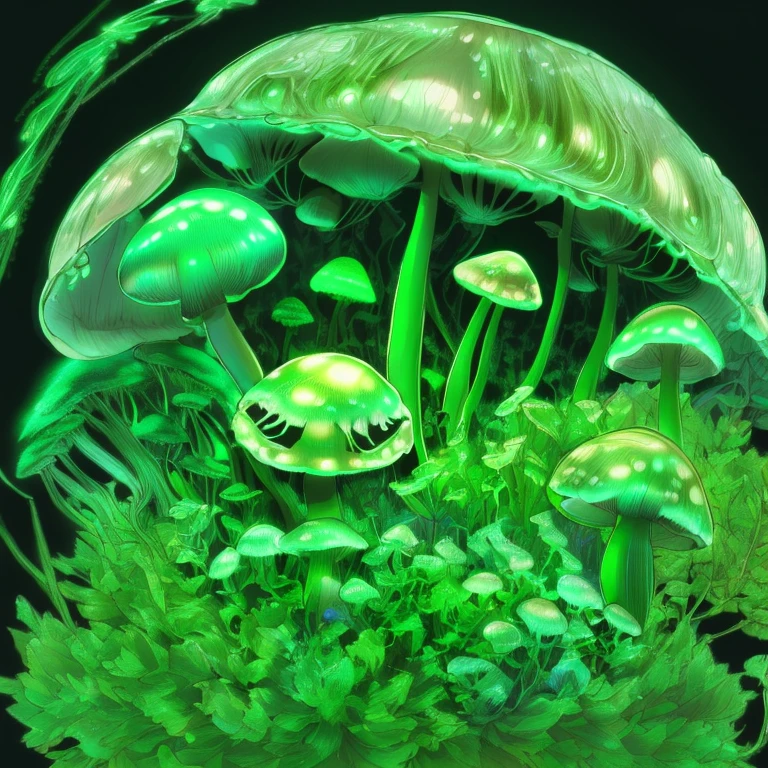 ((luminescence mushroom))), (masterpiece),(best quality:1.1),(ultra-detailed),best illustration,finely detail,hand drawn high quality,High contrast,(clean lines:1.3) mushrooms,(Intricate details:1.3),(detailed background:1.2),(colored background:1.1),sketch,Intricate details,High Resolution, plantcells, a plant girl, green skin, flowers around, dark background