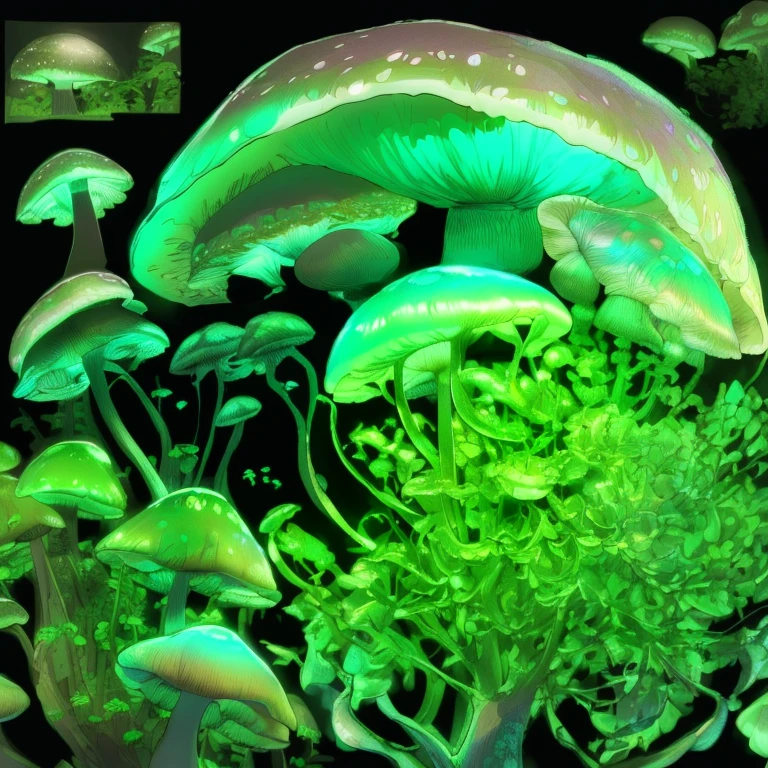 ((luminescence mushroom))), (masterpiece),(best quality:1.1),(ultra-detailed),best illustration,finely detail,hand drawn high quality,High contrast,(clean lines:1.3) mushrooms,(Intricate details:1.3),(detailed background:1.2),(colored background:1.1),sketch,Intricate details,High Resolution, plantcells, a plant girl, green skin, flowers around, dark background
