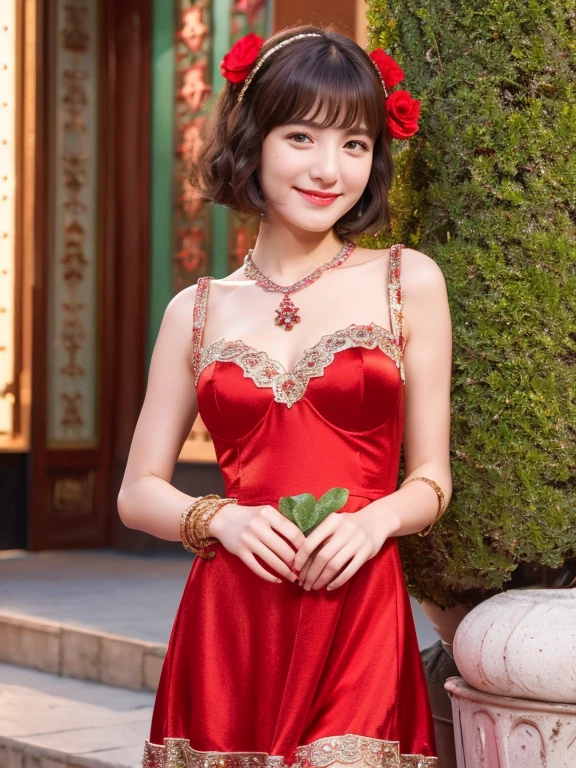 Ultra high-definition images,1girl in, Smile, Super short hair,( Satin Dresses, full body Esbian,  Red Pendant ,fullbody image,)